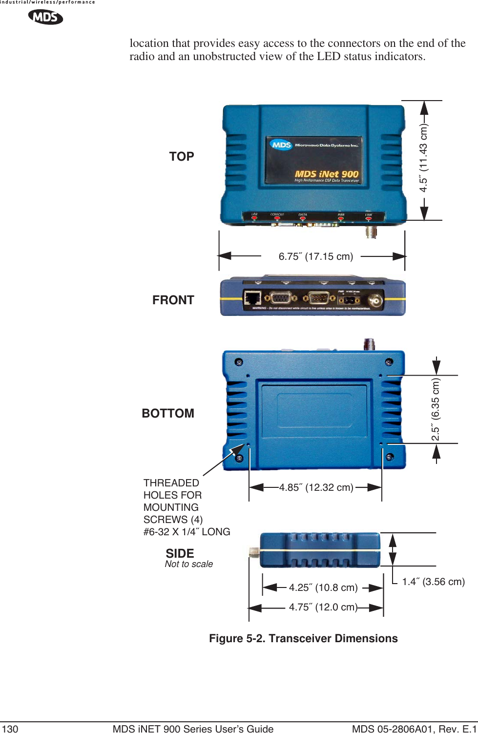 130 MDS iNET 900 Series User’s Guide MDS 05-2806A01, Rev. E.1location that provides easy access to the connectors on the end of the radio and an unobstructed view of the LED status indicators.Figure 5-2. Transceiver Dimensions4.25˝ (10.8 cm)4.75˝ (12.0 cm)1.4˝ (3.56 cm)6.75˝ (17.15 cm)4.5˝ (11.43 cm)TOPSIDEBOTTOM2.5˝ (6.35 cm)4.85˝ (12.32 cm)THREADEDHOLES FORMOUNTINGSCREWS (4)#6-32 X 1/4˝ LONGNot to scaleFRONT