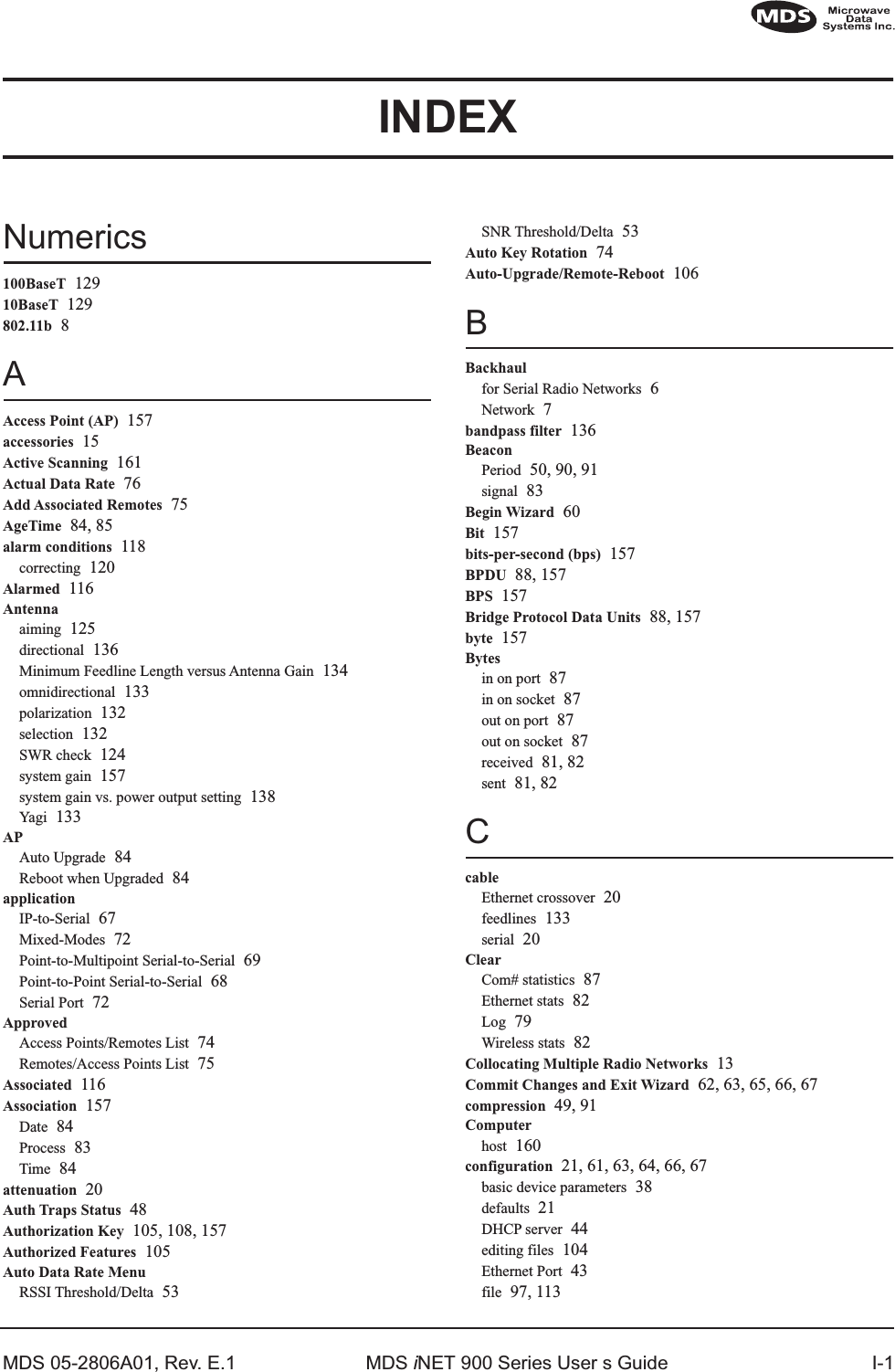 MDS 05-2806A01, Rev. E.1 MDS iNET 900 Series User s Guide I-1INDEXNumerics100BaseT 12910BaseT 129802.11b 8AAccess Point (AP) 157accessories 15Active Scanning 161Actual Data Rate 76Add Associated Remotes 75AgeTime 84, 85alarm conditions 118correcting 120Alarmed 116Antennaaiming 125directional 136Minimum Feedline Length versus Antenna Gain 134omnidirectional 133polarization 132selection 132SWR check 124system gain 157system gain vs. power output setting 138Yagi 133APAuto Upgrade 84Reboot when Upgraded 84applicationIP-to-Serial 67Mixed-Modes 72Point-to-Multipoint Serial-to-Serial 69Point-to-Point Serial-to-Serial 68Serial Port 72ApprovedAccess Points/Remotes List 74Remotes/Access Points List 75Associated 116Association 157Date 84Process 83Time 84attenuation 20Auth Traps Status 48Authorization Key 105, 108, 157Authorized Features 105Auto Data Rate MenuRSSI Threshold/Delta 53SNR Threshold/Delta 53Auto Key Rotation 74Auto-Upgrade/Remote-Reboot 106BBackhaulfor Serial Radio Networks 6Network 7bandpass filter 136BeaconPeriod 50, 90, 91signal 83Begin Wizard 60Bit 157bits-per-second (bps) 157BPDU 88, 157BPS 157Bridge Protocol Data Units 88, 157byte 157Bytesin on port 87in on socket 87out on port 87out on socket 87received 81, 82sent 81, 82CcableEthernet crossover 20feedlines 133serial 20ClearCom# statistics 87Ethernet stats 82Log 79Wireless stats 82Collocating Multiple Radio Networks 13Commit Changes and Exit Wizard 62, 63, 65, 66, 67compression 49, 91Computerhost 160configuration 21, 61, 63, 64, 66, 67basic device parameters 38defaults 21DHCP server 44editing files 104Ethernet Port 43file 97, 113
