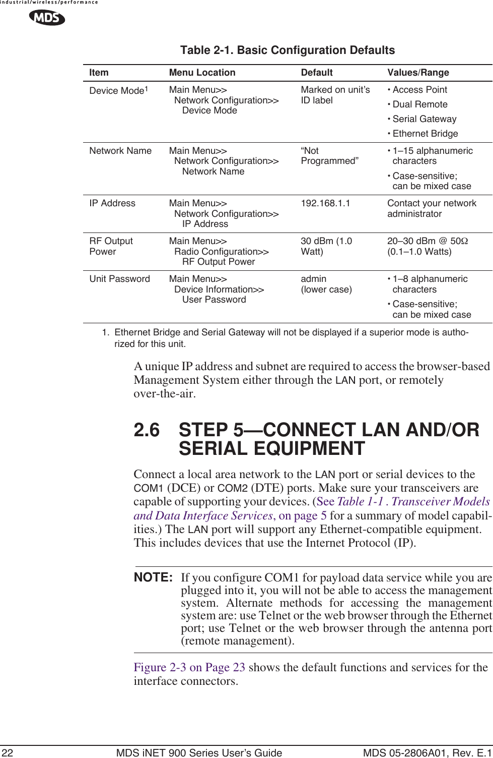 22 MDS iNET 900 Series User’s Guide MDS 05-2806A01, Rev. E.1A unique IP address and subnet are required to access the browser-based Management System either through the LAN port, or remotely over-the-air.2.6 STEP 5—CONNECT LAN AND/OR SERIAL EQUIPMENTConnect a local area network to the LAN port or serial devices to the COM1 (DCE) or COM2 (DTE) ports. Make sure your transceivers are capable of supporting your devices. (See Table 1-1 . Transceiver Models and Data Interface Services, on page 5 for a summary of model capabil-ities.) The LAN port will support any Ethernet-compatible equipment. This includes devices that use the Internet Protocol (IP).NOTE: If you configure COM1 for payload data service while you areplugged into it, you will not be able to access the managementsystem. Alternate methods for accessing the managementsystem are: use Telnet or the web browser through the Ethernetport; use Telnet or the web browser through the antenna port(remote management).Figure 2-3 on Page 23 shows the default functions and services for the interface connectors.Table 2-1. Basic Configuration Defaults Item Menu Location Default Values/RangeDevice Mode1Main Menu&gt;&gt;  Network Configuration&gt;&gt;     Device ModeMarked on unit’s ID label• Access Point• Dual Remote• Serial Gateway• Ethernet BridgeNetwork Name Main Menu&gt;&gt;  Network Configuration&gt;&gt;     Network Name“Not Programmed”• 1–15 alphanumeric characters• Case-sensitive; can be mixed caseIP Address Main Menu&gt;&gt;  Network Configuration&gt;&gt;     IP Address192.168.1.1 Contact your network administratorRF Output PowerMain Menu&gt;&gt;  Radio Configuration&gt;&gt;     RF Output Power30 dBm (1.0 Watt)20–30 dBm @ 50Ω (0.1–1.0 Watts)Unit Password Main Menu&gt;&gt;  Device Information&gt;&gt;     User Passwordadmin (lower case)• 1–8 alphanumeric characters • Case-sensitive; can be mixed case1. Ethernet Bridge and Serial Gateway will not be displayed if a superior mode is autho-rized for this unit.