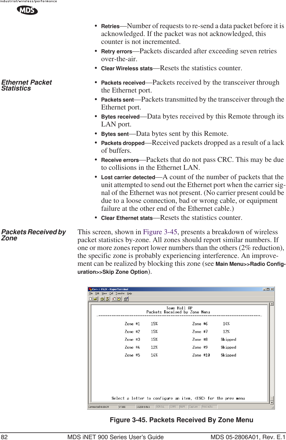 82 MDS iNET 900 Series User’s Guide MDS 05-2806A01, Rev. E.1•Retries—Number of requests to re-send a data packet before it is acknowledged. If the packet was not acknowledged, this counter is not incremented.•Retry errors—Packets discarded after exceeding seven retries over-the-air.•Clear Wireless stats—Resets the statistics counter.Ethernet Packet Statistics •Packets received—Packets received by the transceiver through the Ethernet port.•Packets sent—Packets transmitted by the transceiver through the Ethernet port.•Bytes received—Data bytes received by this Remote through its LAN port.•Bytes sent—Data bytes sent by this Remote.•Packets dropped—Received packets dropped as a result of a lack of buffers.•Receive errors—Packets that do not pass CRC. This may be due to collisions in the Ethernet LAN.•Lost carrier detected—A count of the number of packets that the unit attempted to send out the Ethernet port when the carrier sig-nal of the Ethernet was not present. (No carrier present could be due to a loose connection, bad or wrong cable, or equipment failure at the other end of the Ethernet cable.)•Clear Ethernet stats—Resets the statistics counter.Packets Received by Zone This screen, shown in Figure 3-45, presents a breakdown of wireless packet statistics by-zone. All zones should report similar numbers. If one or more zones report lower numbers than the others (2% reduction), the specific zone is probably experiencing interference. An improve-ment can be realized by blocking this zone (see Main Menu&gt;&gt;Radio Conﬁg-uration&gt;&gt;Skip Zone Option).Invisible place holderFigure 3-45. Packets Received By Zone Menu