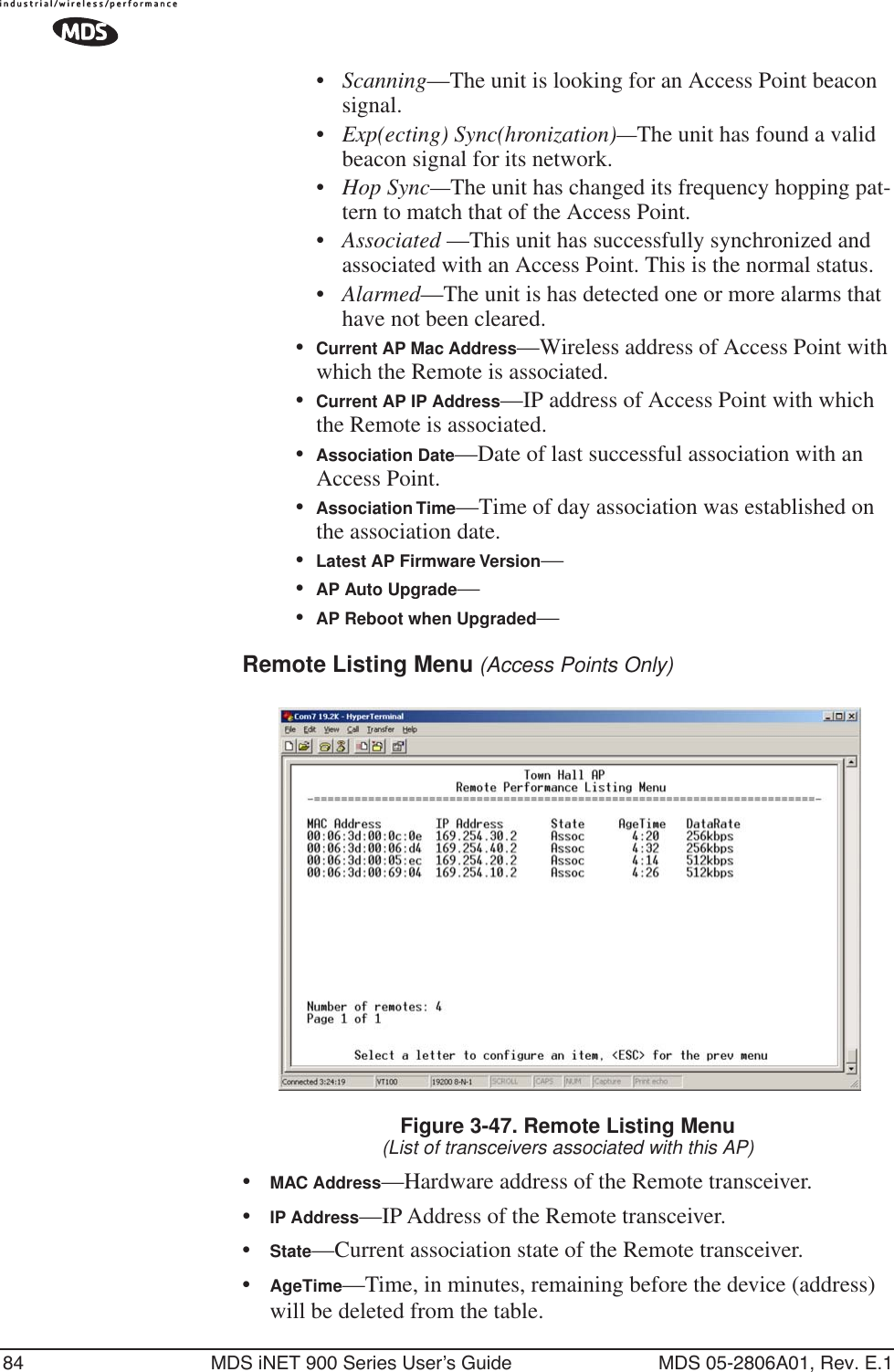 84 MDS iNET 900 Series User’s Guide MDS 05-2806A01, Rev. E.1•Scanning—The unit is looking for an Access Point beacon signal.•Exp(ecting) Sync(hronization)—The unit has found a valid beacon signal for its network.•Hop Sync—The unit has changed its frequency hopping pat-tern to match that of the Access Point.•Associated —This unit has successfully synchronized and associated with an Access Point. This is the normal status.•Alarmed—The unit is has detected one or more alarms that have not been cleared.•Current AP Mac Address—Wireless address of Access Point with which the Remote is associated.•Current AP IP Address—IP address of Access Point with which the Remote is associated.•Association Date—Date of last successful association with an Access Point.•Association Time—Time of day association was established on the association date.•Latest AP Firmware Version—•AP Auto Upgrade—•AP Reboot when Upgraded—Remote Listing Menu (Access Points Only)  Figure 3-47. Remote Listing Menu(List of transceivers associated with this AP)•MAC Address—Hardware address of the Remote transceiver.•IP Address—IP Address of the Remote transceiver.•State—Current association state of the Remote transceiver.•AgeTime—Time, in minutes, remaining before the device (address) will be deleted from the table.