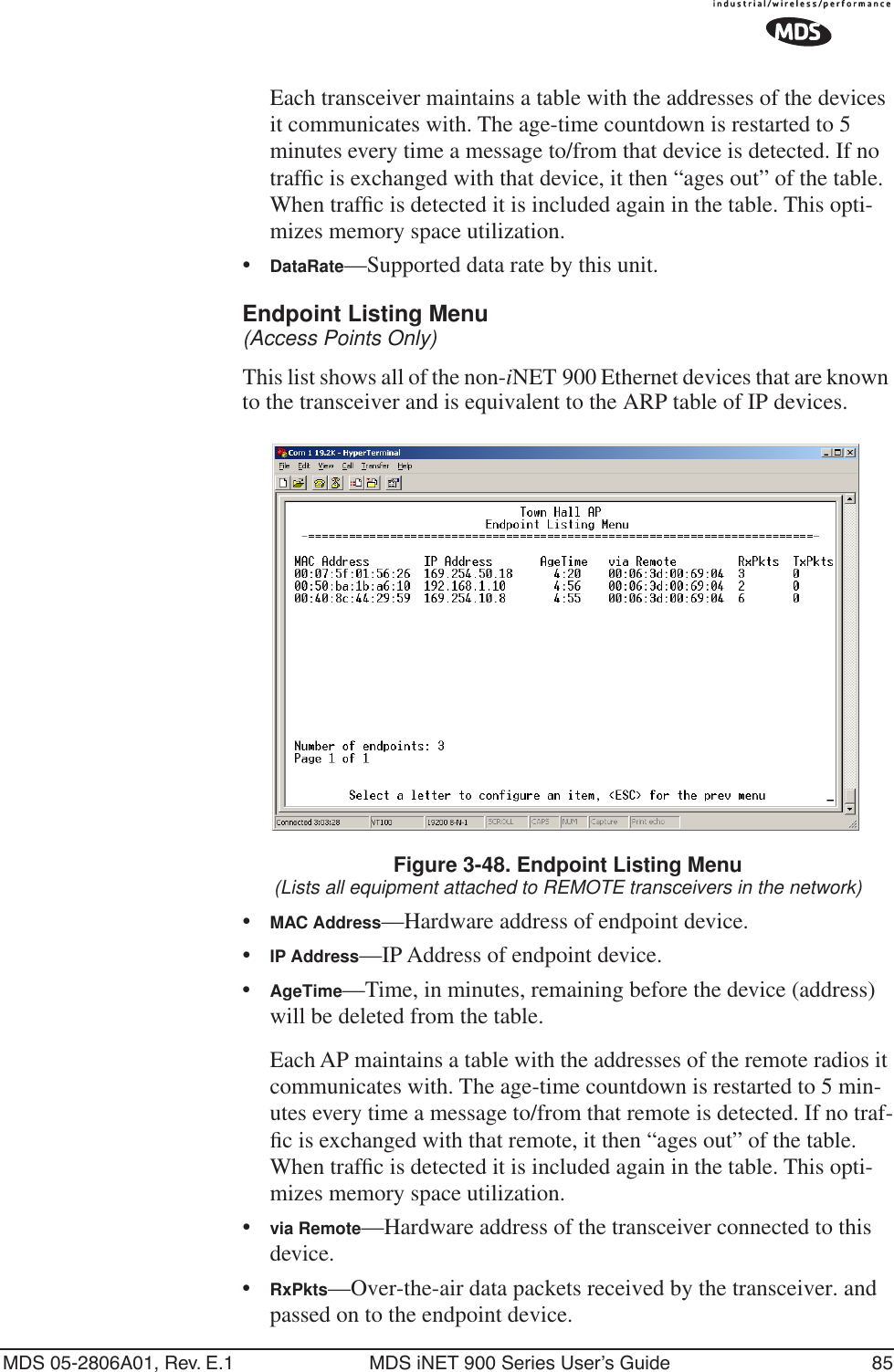 MDS 05-2806A01, Rev. E.1 MDS iNET 900 Series User’s Guide 85Each transceiver maintains a table with the addresses of the devices it communicates with. The age-time countdown is restarted to 5 minutes every time a message to/from that device is detected. If no trafﬁc is exchanged with that device, it then “ages out” of the table. When trafﬁc is detected it is included again in the table. This opti-mizes memory space utilization.•DataRate—Supported data rate by this unit.Endpoint Listing Menu(Access Points Only)This list shows all of the non-iNET 900 Ethernet devices that are known to the transceiver and is equivalent to the ARP table of IP devices. Figure 3-48. Endpoint Listing Menu(Lists all equipment attached to REMOTE transceivers in the network)•MAC Address—Hardware address of endpoint device.•IP Address—IP Address of endpoint device.•AgeTime—Time, in minutes, remaining before the device (address) will be deleted from the table. Each AP maintains a table with the addresses of the remote radios it communicates with. The age-time countdown is restarted to 5 min-utes every time a message to/from that remote is detected. If no traf-ﬁc is exchanged with that remote, it then “ages out” of the table. When trafﬁc is detected it is included again in the table. This opti-mizes memory space utilization.•via Remote—Hardware address of the transceiver connected to this device.•RxPkts—Over-the-air data packets received by the transceiver. and passed on to the endpoint device.