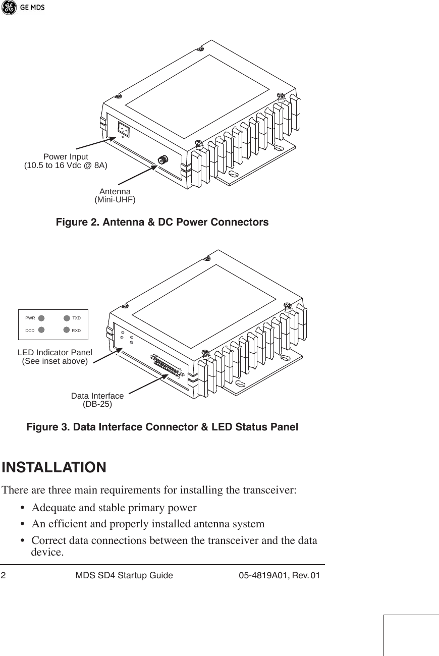  2 MDS SD4 Startup Guide 05-4819A01, Rev. 01  Invisible place holder Figure 2. Antenna &amp; DC Power Connectors  Invisible place holder Figure 3. Data Interface Connector &amp; LED Status Panel INSTALLATION There are three main requirements for installing the transceiver: • Adequate and stable primary power• An efficient and properly installed antenna system• Correct data connections between the transceiver and the data device.Antenna(Mini-UHF)Power Input(10.5 to 16 Vdc @ 8A)LED Indicator Panel(See inset above)Data Interface(DB-25)PWRDCDTXDRXD