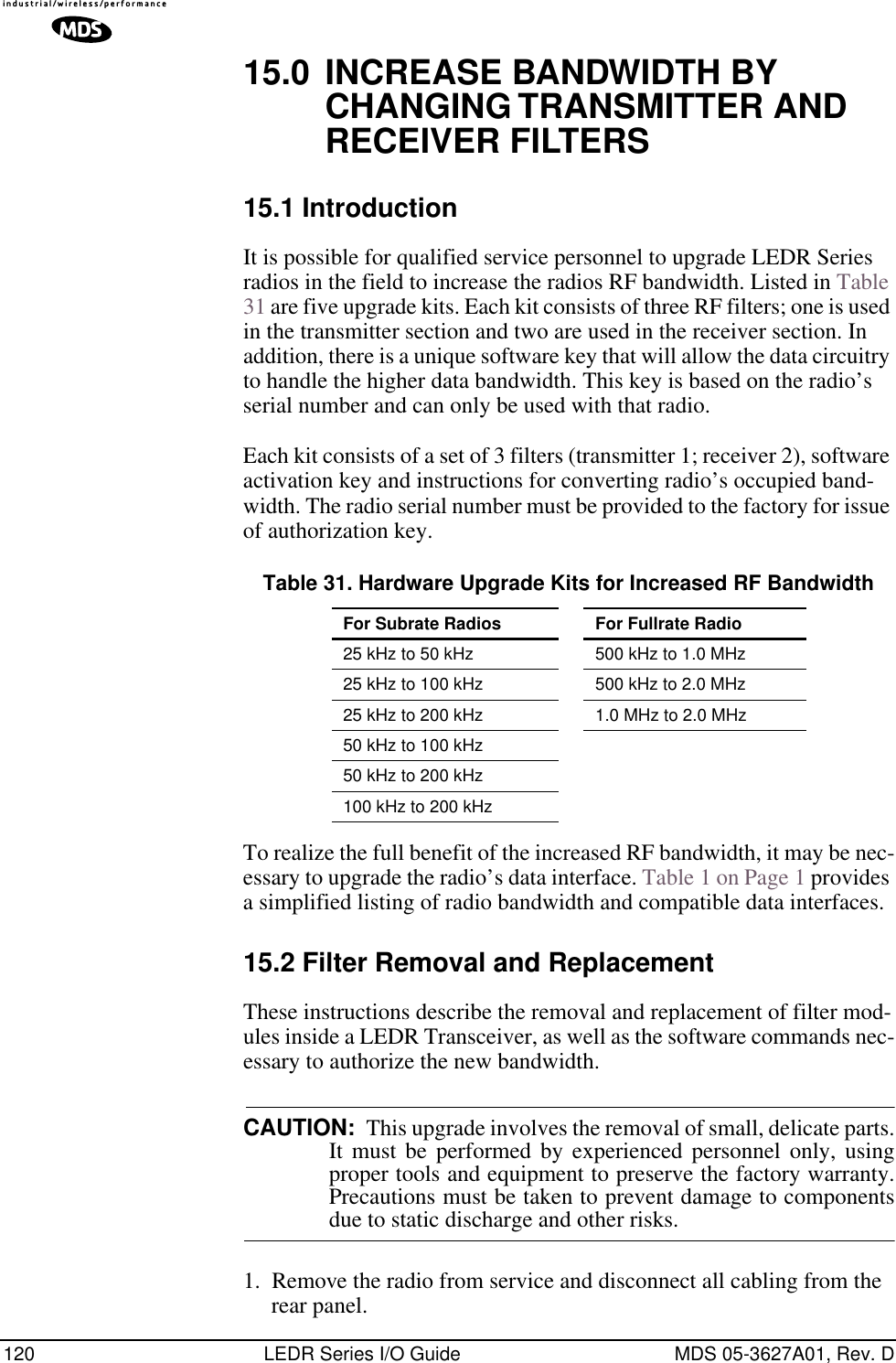 120 LEDR Series I/O Guide MDS 05-3627A01, Rev. D15.0 INCREASE BANDWIDTH BY CHANGING TRANSMITTER AND RECEIVER FILTERS15.1 IntroductionIt is possible for qualified service personnel to upgrade LEDR Series radios in the field to increase the radios RF bandwidth. Listed in Table 31 are five upgrade kits. Each kit consists of three RF filters; one is used in the transmitter section and two are used in the receiver section. In addition, there is a unique software key that will allow the data circuitry to handle the higher data bandwidth. This key is based on the radio’s serial number and can only be used with that radio.Each kit consists of a set of 3 filters (transmitter 1; receiver 2), software activation key and instructions for converting radio’s occupied band-width. The radio serial number must be provided to the factory for issue of authorization key.To realize the full benefit of the increased RF bandwidth, it may be nec-essary to upgrade the radio’s data interface. Table 1 on Page 1 provides a simplified listing of radio bandwidth and compatible data interfaces.15.2 Filter Removal and ReplacementThese instructions describe the removal and replacement of filter mod-ules inside a LEDR Transceiver, as well as the software commands nec-essary to authorize the new bandwidth.CAUTION:  This upgrade involves the removal of small, delicate parts.It must be performed by experienced personnel only, usingproper tools and equipment to preserve the factory warranty.Precautions must be taken to prevent damage to componentsdue to static discharge and other risks.1. Remove the radio from service and disconnect all cabling from the rear panel.Table 31. Hardware Upgrade Kits for Increased RF BandwidthFor Subrate Radios For Fullrate Radio25 kHz to 50 kHz 500 kHz to 1.0 MHz25 kHz to 100 kHz 500 kHz to 2.0 MHz25 kHz to 200 kHz 1.0 MHz to 2.0 MHz50 kHz to 100 kHz50 kHz to 200 kHz100 kHz to 200 kHz