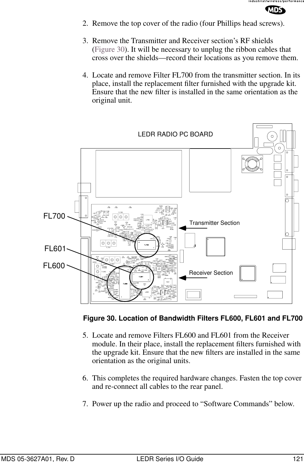 MDS 05-3627A01, Rev. D LEDR Series I/O Guide 1212. Remove the top cover of the radio (four Phillips head screws).3. Remove the Transmitter and Receiver section’s RF shields (Figure 30). It will be necessary to unplug the ribbon cables that cross over the shields—record their locations as you remove them.4. Locate and remove Filter FL700 from the transmitter section. In its place, install the replacement ﬁlter furnished with the upgrade kit. Ensure that the new ﬁlter is installed in the same orientation as the original unit.Invisible place holderFigure 30. Location of Bandwidth Filters FL600, FL601 and FL7005. Locate and remove Filters FL600 and FL601 from the Receiver module. In their place, install the replacement ﬁlters furnished with the upgrade kit. Ensure that the new ﬁlters are installed in the same orientation as the original units.6. This completes the required hardware changes. Fasten the top cover and re-connect all cables to the rear panel.7. Power up the radio and proceed to “Software Commands” below.LEDR RADIO PC BOARDFL700FL601FL600Transmitter SectionReceiver Section