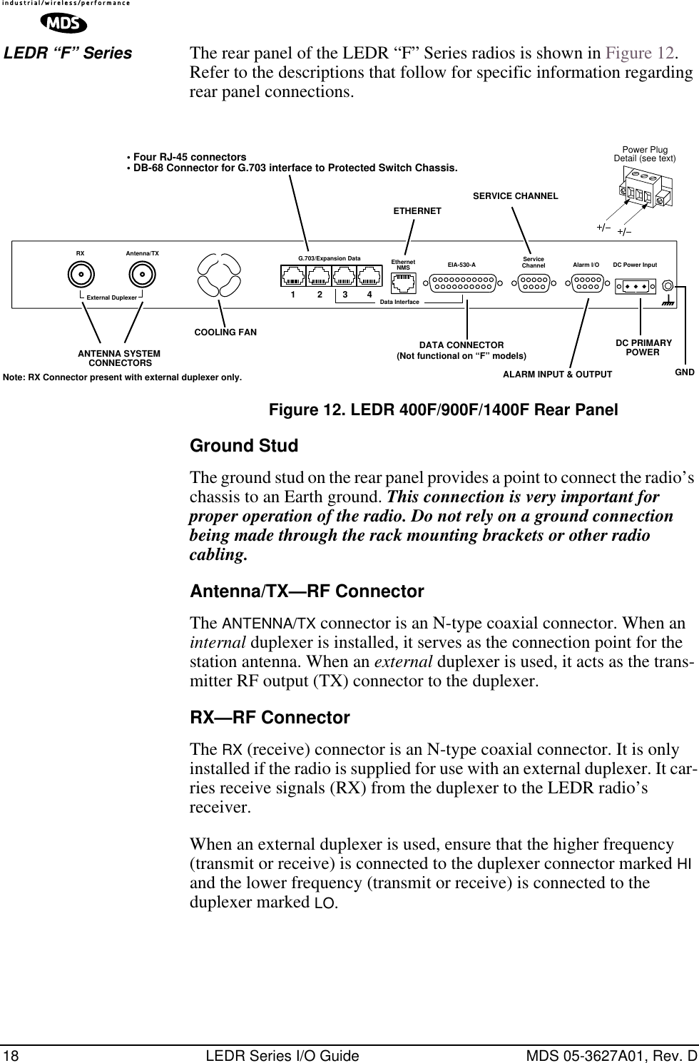 18 LEDR Series I/O Guide MDS 05-3627A01, Rev. DLEDR “F” Series The rear panel of the LEDR “F” Series radios is shown in Figure 12. Refer to the descriptions that follow for specific information regarding rear panel connections.Invisible place holderFigure 12. LEDR 400F/900F/1400F Rear PanelGround StudThe ground stud on the rear panel provides a point to connect the radio’s chassis to an Earth ground. This connection is very important for proper operation of the radio. Do not rely on a ground connection being made through the rack mounting brackets or other radio cabling.Antenna/TX—RF ConnectorThe ANTENNA/TX connector is an N-type coaxial connector. When an internal duplexer is installed, it serves as the connection point for the station antenna. When an external duplexer is used, it acts as the trans-mitter RF output (TX) connector to the duplexer. RX—RF ConnectorThe RX (receive) connector is an N-type coaxial connector. It is only installed if the radio is supplied for use with an external duplexer. It car-ries receive signals (RX) from the duplexer to the LEDR radio’s receiver.When an external duplexer is used, ensure that the higher frequency (transmit or receive) is connected to the duplexer connector marked HI and the lower frequency (transmit or receive) is connected to the duplexer marked LO.Antenna/TXExternal DuplexerRX G.703/Expansion Data EIA-530-AEthernetNMSData InterfaceServiceChannel Alarm I/O DC Power InputPower PlugDetail (see text)COOLING FANETHERNETSERVICE CHANNELALARM INPUT &amp; OUTPUTDC PRIMARYANTENNA SYSTEM Note: RX Connector present with external duplexer only.CONNECTORS POWER • Four RJ-45 connectors• DB-68 Connector for G.703 interface to Protected Switch Chassis.GND DATA CONNECTOR(Not functional on “F” models)1342