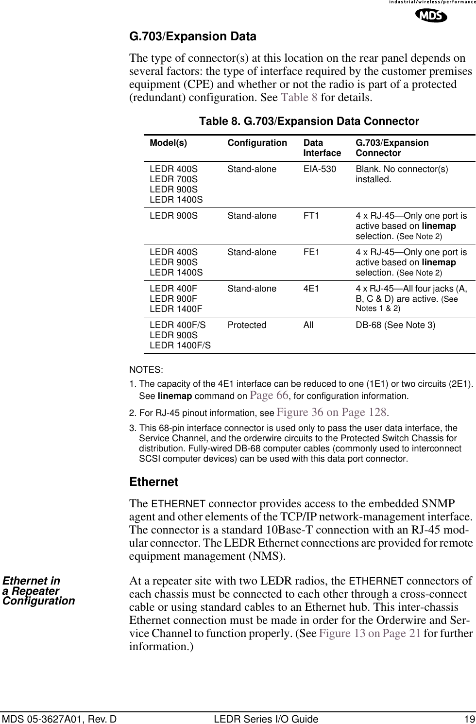 MDS 05-3627A01, Rev. D LEDR Series I/O Guide 19G.703/Expansion DataThe type of connector(s) at this location on the rear panel depends on several factors: the type of interface required by the customer premises equipment (CPE) and whether or not the radio is part of a protected (redundant) configuration. See Table 8 for details. NOTES:1. The capacity of the 4E1 interface can be reduced to one (1E1) or two circuits (2E1). See linemap command on Page 66, for configuration information.2. For RJ-45 pinout information, see Figure 36 on Page 128.3. This 68-pin interface connector is used only to pass the user data interface, the Service Channel, and the orderwire circuits to the Protected Switch Chassis for distribution. Fully-wired DB-68 computer cables (commonly used to interconnect SCSI computer devices) can be used with this data port connector.EthernetThe ETHERNET connector provides access to the embedded SNMP agent and other elements of the TCP/IP network-management interface. The connector is a standard 10Base-T connection with an RJ-45 mod-ular connector. The LEDR Ethernet connections are provided for remote equipment management (NMS).Ethernet in a Repeater ConfigurationAt a repeater site with two LEDR radios, the ETHERNET connectors of each chassis must be connected to each other through a cross-connect cable or using standard cables to an Ethernet hub. This inter-chassis Ethernet connection must be made in order for the Orderwire and Ser-vice Channel to function properly. (See Figure 13 on Page 21 for further information.)Table 8. G.703/Expansion Data ConnectorModel(s) Configuration Data Interface G.703/ExpansionConnectorLEDR 400SLEDR 700SLEDR 900SLEDR 1400SStand-alone EIA-530 Blank. No connector(s) installed.LEDR 900S Stand-alone FT1 4 x RJ-45—Only one port is active based on linemap selection. (See Note 2)LEDR 400SLEDR 900SLEDR 1400SStand-alone FE1 4 x RJ-45—Only one port is active based on linemap selection. (See Note 2)LEDR 400FLEDR 900FLEDR 1400FStand-alone 4E1 4 x RJ-45—All four jacks (A, B, C &amp; D) are active. (See Notes 1 &amp; 2)LEDR 400F/SLEDR 900SLEDR 1400F/SProtected All DB-68 (See Note 3)