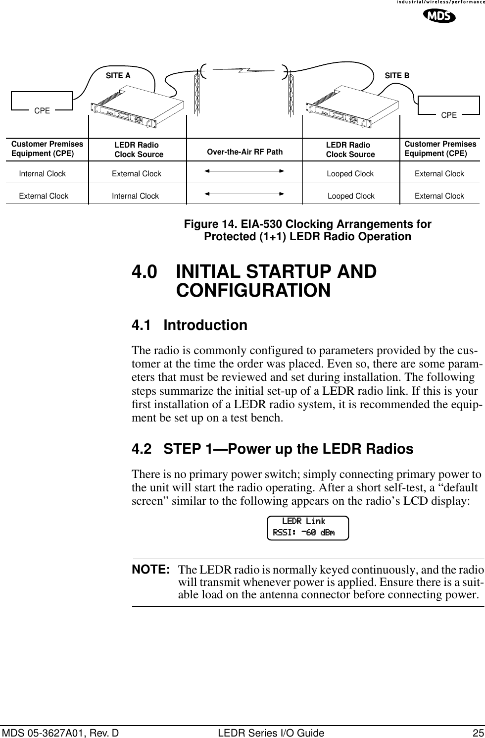 MDS 05-3627A01, Rev. D LEDR Series I/O Guide 25Figure 14. EIA-530 Clocking Arrangements for Protected (1+1) LEDR Radio Operation4.0 INITIAL STARTUP AND CONFIGURATION4.1 IntroductionThe radio is commonly configured to parameters provided by the cus-tomer at the time the order was placed. Even so, there are some param-eters that must be reviewed and set during installation. The following steps summarize the initial set-up of a LEDR radio link. If this is your ﬁrst installation of a LEDR radio system, it is recommended the equip-ment be set up on a test bench.4.2 STEP 1—Power up the LEDR RadiosThere is no primary power switch; simply connecting primary power to the unit will start the radio operating. After a short self-test, a “default screen” similar to the following appears on the radio’s LCD display:NOTE: The LEDR radio is normally keyed continuously, and the radiowill transmit whenever power is applied. Ensure there is a suit-able load on the antenna connector before connecting power.Over-the-Air RF PathCPECustomer PremisesEquipment (CPE) LEDR RadioClock SourceCPEInternal Clock External Clock Looped Clock External ClockExternal Clock Internal Clock Looped Clock External ClockCustomer PremisesEquipment (CPE)SITE A SITE BLEDR RadioClock Source            LLLLEEEEDDDDRRRR    LLLLiiiinnnnkkkk                    RRRRSSSSSSSSIIII::::    ----66660000    ddddBBBBmmmm