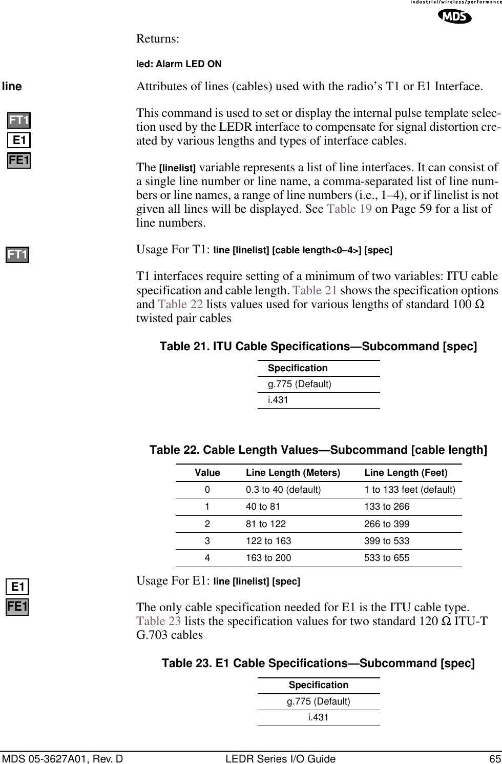 MDS 05-3627A01, Rev. D LEDR Series I/O Guide 65Returns:led: Alarm LED ONline Attributes of lines (cables) used with the radio’s T1 or E1 Interface.This command is used to set or display the internal pulse template selec-tion used by the LEDR interface to compensate for signal distortion cre-ated by various lengths and types of interface cables.The [linelist] variable represents a list of line interfaces. It can consist of a single line number or line name, a comma-separated list of line num-bers or line names, a range of line numbers (i.e., 1–4), or if linelist is not given all lines will be displayed. See Table 19 on Page 59 for a list of line numbers.Usage For T1: line [linelist] [cable length&lt;0–4&gt;] [spec] T1 interfaces require setting of a minimum of two variables: ITU cable specification and cable length. Table 21 shows the specification options and Table 22 lists values used for various lengths of standard 100 Ω twisted pair cablesTable 21. ITU Cable Specifications—Subcommand [spec]Usage For E1: line [linelist] [spec] The only cable specification needed for E1 is the ITU cable type. Table 23 lists the specification values for two standard 120 Ω ITU-T G.703 cablesTable 23. E1 Cable Specifications—Subcommand [spec]Specificationg.775 (Default)i.431FT1E1FE1FT1Table 22. Cable Length Values—Subcommand [cable length]Value Line Length (Meters) Line Length (Feet)0 0.3 to 40 (default) 1 to 133 feet (default)1 40 to 81 133 to 2662 81 to 122 266 to 3993 122 to 163 399 to 5334 163 to 200 533 to 655Specificationg.775 (Default)i.431E1FE1