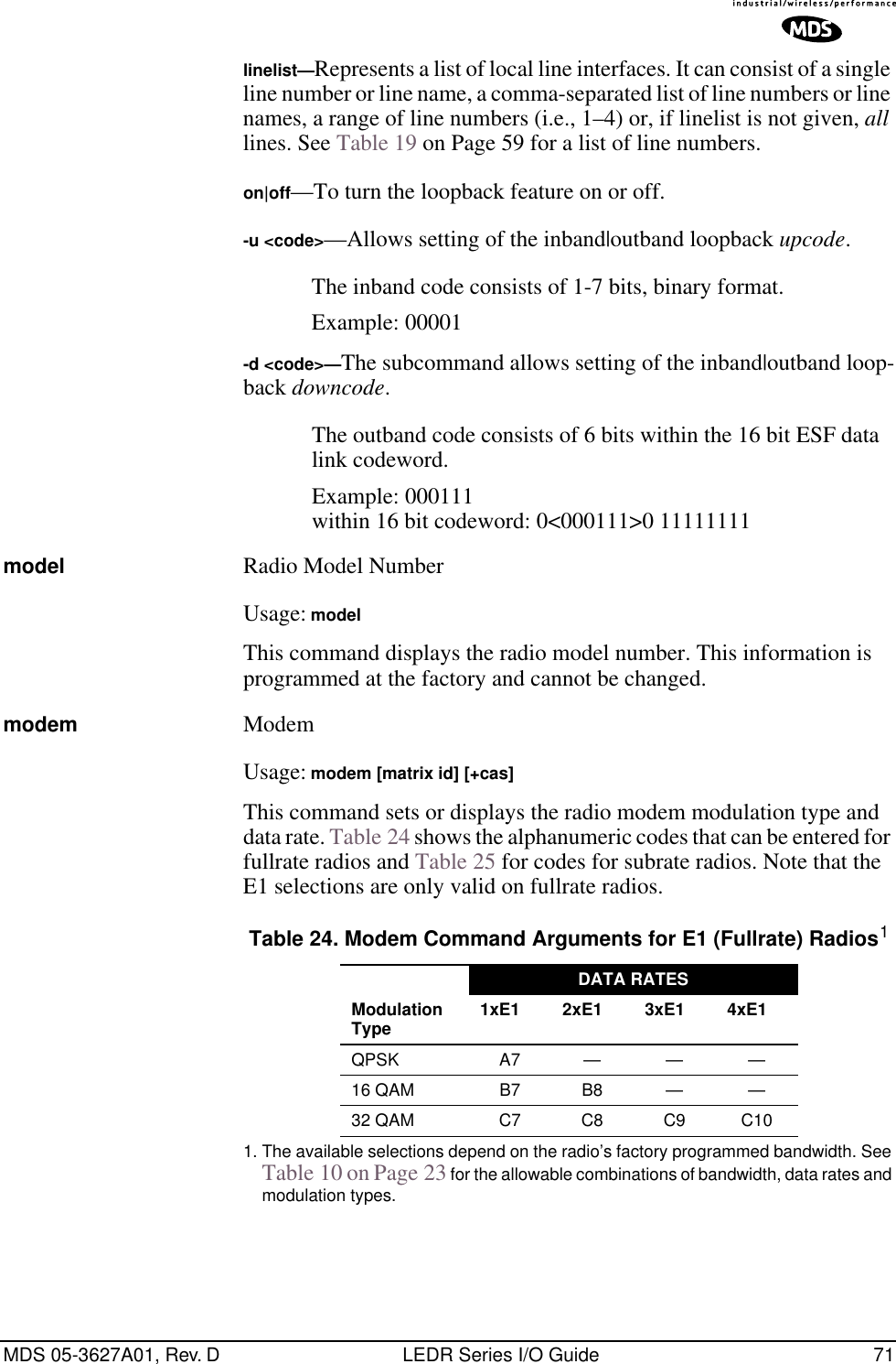 MDS 05-3627A01, Rev. D LEDR Series I/O Guide 71linelist—Represents a list of local line interfaces. It can consist of a single line number or line name, a comma-separated list of line numbers or line names, a range of line numbers (i.e., 1–4) or, if linelist is not given, all lines. See Table 19 on Page 59 for a list of line numbers.on|off—To turn the loopback feature on or off.-u &lt;code&gt;—Allows setting of the inband|outband loopback upcode.The inband code consists of 1-7 bits, binary format.Example: 00001 -d &lt;code&gt;—The subcommand allows setting of the inband|outband loop-back downcode.The outband code consists of 6 bits within the 16 bit ESF data link codeword.Example: 000111within 16 bit codeword: 0&lt;000111&gt;0 11111111model Radio Model NumberUsage: modelThis command displays the radio model number. This information is programmed at the factory and cannot be changed. modem Modem Usage: modem [matrix id] [+cas]This command sets or displays the radio modem modulation type and data rate. Table 24 shows the alphanumeric codes that can be entered for fullrate radios and Table 25 for codes for subrate radios. Note that the E1 selections are only valid on fullrate radios.    1. The available selections depend on the radio’s factory programmed bandwidth. See Table 10 on Page 23 for the allowable combinations of bandwidth, data rates and modulation types.Table 24. Modem Command Arguments for E1 (Fullrate) Radios1DATA RATESModulation Type 1xE1 2xE1 3xE1 4xE1QPSK A7 ———16 QAM B7 B8 ——32 QAM C7 C8 C9 C10