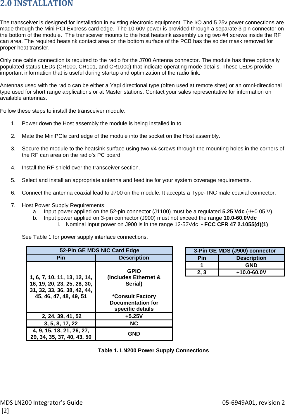MDSLN200Integrator’sGuide 05‐6949A01,revision2[2]2.0INSTALLATION The transceiver is designed for installation in existing electronic equipment. The I/O and 5.25v power connections are made through the Mini PCI-Express card edge.  The 10-60v power is provided through a separate 3-pin connector on the bottom of the module.  The transceiver mounts to the host heatsink assembly using two #4 screws inside the RF can area. The required heatsink contact area on the bottom surface of the PCB has the solder mask removed for proper heat transfer.  Only one cable connection is required to the radio for the J700 Antenna connector. The module has three optionally populated status LEDs (CR100, CR101, and CR1000) that indicate operating mode details. These LEDs provide  important information that is useful during startup and optimization of the radio link.  Antennas used with the radio can be either a Yagi directional type (often used at remote sites) or an omni-directional type used for short range applications or at Master stations. Contact your sales representative for information on available antennas.  Follow these steps to install the transceiver module:  1.  Power down the Host assembly the module is being installed in to.  2.  Mate the MiniPCIe card edge of the module into the socket on the Host assembly.  3.  Secure the module to the heatsink surface using two #4 screws through the mounting holes in the corners of the RF can area on the radio’s PC board.  4.  Install the RF shield over the transceiver section.  5.  Select and install an appropriate antenna and feedline for your system coverage requirements.  6.  Connect the antenna coaxial lead to J700 on the module. It accepts a Type-TNC male coaxial connector.  7.  Host Power Supply Requirements:  a.  Input power applied on the 52-pin connector (J1100) must be a regulated 5.25 Vdc (-/+0.05 V). b.  Input power applied on 3-pin connector (J900) must not exceed the range 10.0-60.0Vdc  i.  Nominal Input power on J900 is in the range 12-52Vdc  - FCC CFR 47 2.1055(d)(1)  See Table 1 for power supply interface connections.  52-Pin GE MDS NIC Card EdgePin  Description1, 6, 7, 10, 11, 13, 12, 14, 16, 19, 20, 23, 25, 28, 30, 31, 32, 33, 36, 38, 42, 44, 45, 46, 47, 48, 49, 51 GPIO (Includes Ethernet &amp; Serial)  *Consult Factory Documentation for specific details  2, 24, 39, 41, 52  +5.25V3, 5, 8, 17, 22  NC4, 9, 15, 18, 21, 26, 27, 29, 34, 35, 37, 40, 43, 50  GND  Table 1. LN200 Power Supply Connections    3-Pin GE MDS (J900) connectorPin Description1GND2, 3 +10.0-60.0V