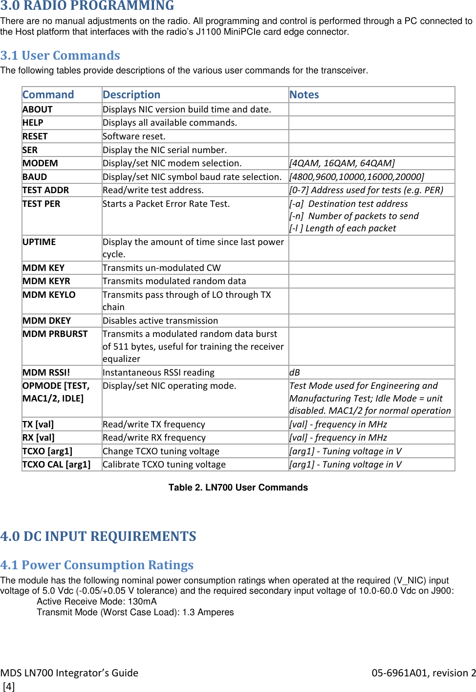 MDS LN700 Integrator’s Guide    05-6961A01, revision 2  [4] 3.0 RADIO PROGRAMMING There are no manual adjustments on the radio. All programming and control is performed through a PC connected to the Host platform that interfaces with the radio’s J1100 MiniPCIe card edge connector. 3.1 User Commands The following tables provide descriptions of the various user commands for the transceiver.  Command Description Notes ABOUT Displays NIC version build time and date.   HELP Displays all available commands.   RESET Software reset.   SER Display the NIC serial number.   MODEM Display/set NIC modem selection. [4QAM, 16QAM, 64QAM] BAUD Display/set NIC symbol baud rate selection. [4800,9600,10000,16000,20000] TEST ADDR Read/write test address. [0-7] Address used for tests (e.g. PER)  TEST PER Starts a Packet Error Rate Test. [-a]  Destination test address [-n]  Number of packets to send [-l ] Length of each packet UPTIME Display the amount of time since last power cycle.   MDM KEY Transmits un-modulated CW   MDM KEYR Transmits modulated random data   MDM KEYLO Transmits pass through of LO through TX chain   MDM DKEY Disables active transmission   MDM PRBURST Transmits a modulated random data burst of 511 bytes, useful for training the receiver equalizer   MDM RSSI! Instantaneous RSSI reading dB OPMODE [TEST, MAC1/2, IDLE] Display/set NIC operating mode.  Test Mode used for Engineering and Manufacturing Test; Idle Mode = unit disabled. MAC1/2 for normal operation TX [val] Read/write TX frequency [val] - frequency in MHz RX [val] Read/write RX frequency [val] - frequency in MHz TCXO [arg1]  Change TCXO tuning voltage [arg1] - Tuning voltage in V TCXO CAL [arg1]  Calibrate TCXO tuning voltage [arg1] - Tuning voltage in V  Table 2. LN700 User Commands  4.0 DC INPUT REQUIREMENTS 4.1 Power Consumption Ratings The module has the following nominal power consumption ratings when operated at the required (V_NIC) input voltage of 5.0 Vdc (-0.05/+0.05 V tolerance) and the required secondary input voltage of 10.0-60.0 Vdc on J900: Active Receive Mode: 130mA Transmit Mode (Worst Case Load): 1.3 Amperes 