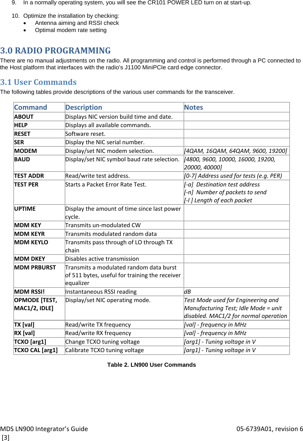 MDSLN900Integrator’sGuide 05‐6739A01,revision6[3]9.  In a normally operating system, you will see the CR101 POWER LED turn on at start-up.  10.  Optimize the installation by checking:   Antenna aiming and RSSI check  Optimal modem rate setting 3.0RADIOPROGRAMMINGThere are no manual adjustments on the radio. All programming and control is performed through a PC connected to the Host platform that interfaces with the radio’s J1100 MiniPCIe card edge connector. 3.1UserCommandsThe following tables provide descriptions of the various user commands for the transceiver.  CommandDescriptionNotesABOUTDisplaysNICversionbuildtimeanddate.HELPDisplaysallavailablecommands.RESETSoftwarereset.SERDisplaytheNICserialnumber.MODEMDisplay/setNICmodemselection. [4QAM,16QAM,64QAM,9600,19200]BAUDDisplay/setNICsymbolbaudrateselection. [4800, 9600, 10000,16000,19200,20000,40000]TESTADDRRead/writetestaddress. [0‐7]Addressusedfortests(e.g.PER)TESTPERStartsaPacketErrorRateTest. [‐a]Destinationtestaddress[‐n]Numberofpacketstosend[‐l]LengthofeachpacketUPTIMEDisplaytheamountoftimesincelastpowercycle.MDMKEYTransmitsun‐modulatedCWMDMKEYRTransmitsmodulatedrandomdataMDMKEYLOTransmitspassthroughofLOthroughTXchainMDMDKEYDisablesactivetransmissionMDMPRBURSTTransmitsamodulatedrandomdataburstof511bytes,usefulfortrainingthereceiverequalizerMDMRSSI!InstantaneousRSSIreading dBOPMODE[TEST,MAC1/2,IDLE]Display/setNICoperatingmode.TestModeusedforEngineeringandManufacturingTest;IdleMode=unitdisabled.MAC1/2fornormaloperationTX[val]Read/writeTXfrequency [val]‐ frequencyinMHzRX[val]Read/writeRXfrequency [val]‐ frequencyinMHzTCXO[arg1]ChangeTCXOtuningvoltage [arg1]‐ TuningvoltageinVTCXOCAL[arg1]CalibrateTCXOtuningvoltage [arg1]‐ TuningvoltageinV Table 2. LN900 User Commands  