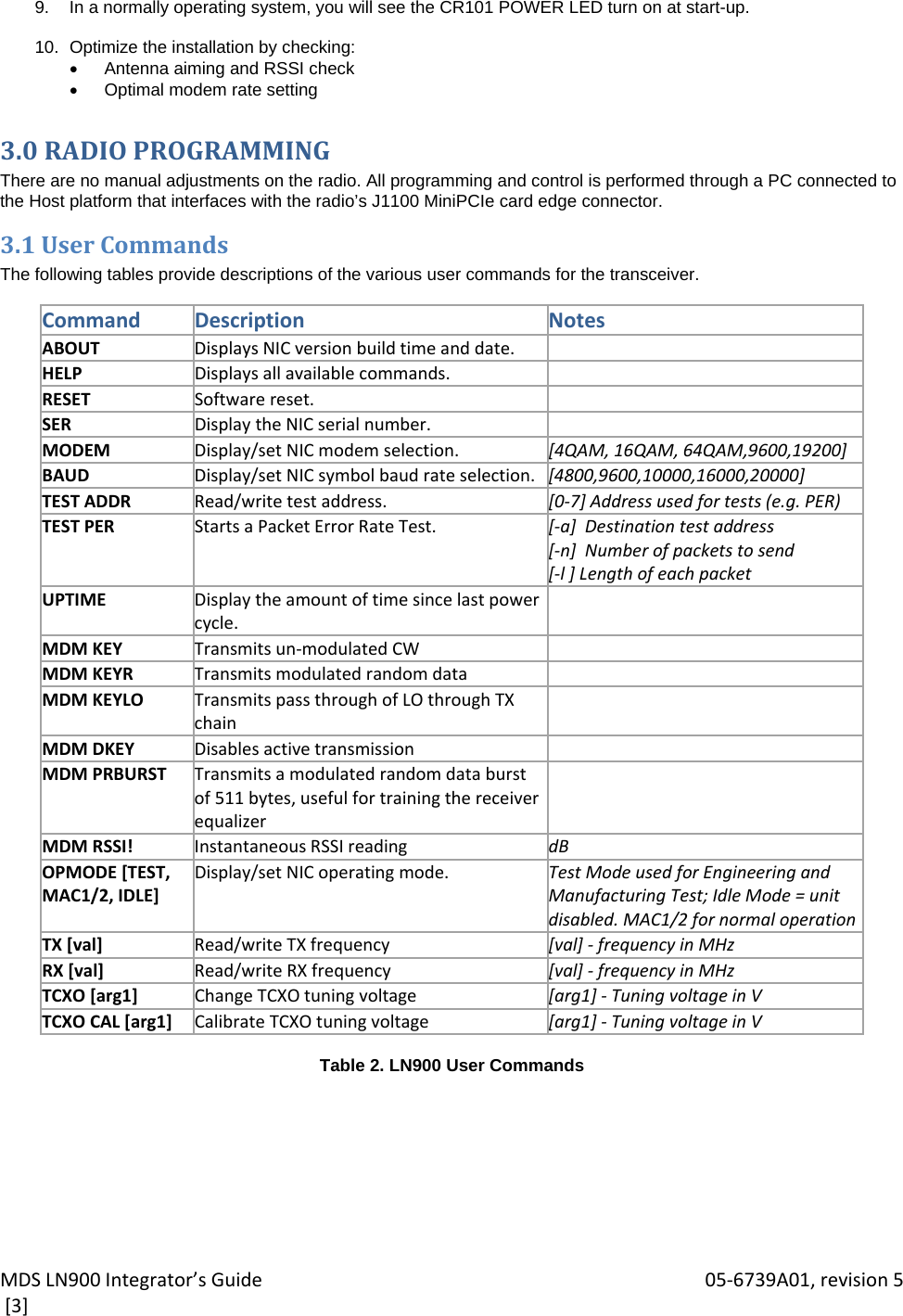 MDSLN900Integrator’sGuide 05‐6739A01,revision5[3]9.  In a normally operating system, you will see the CR101 POWER LED turn on at start-up.  10.  Optimize the installation by checking:   Antenna aiming and RSSI check  Optimal modem rate setting 3.0RADIOPROGRAMMINGThere are no manual adjustments on the radio. All programming and control is performed through a PC connected to the Host platform that interfaces with the radio’s J1100 MiniPCIe card edge connector. 3.1UserCommandsThe following tables provide descriptions of the various user commands for the transceiver.  CommandDescriptionNotesABOUTDisplaysNICversionbuildtimeanddate.HELPDisplaysallavailablecommands.RESETSoftwarereset.SERDisplaytheNICserialnumber.MODEMDisplay/setNICmodemselection. [4QAM,16QAM,64QAM,9600,19200]BAUDDisplay/setNICsymbolbaudrateselection. [4800,9600,10000,16000,20000]TESTADDRRead/writetestaddress. [0‐7]Addressusedfortests(e.g.PER)TESTPERStartsaPacketErrorRateTest. [‐a]Destinationtestaddress[‐n]Numberofpacketstosend[‐l]LengthofeachpacketUPTIMEDisplaytheamountoftimesincelastpowercycle.MDMKEYTransmitsun‐modulatedCWMDMKEYRTransmitsmodulatedrandomdataMDMKEYLOTransmitspassthroughofLOthroughTXchainMDMDKEYDisablesactivetransmissionMDMPRBURSTTransmitsamodulatedrandomdataburstof511bytes,usefulfortrainingthereceiverequalizerMDMRSSI!InstantaneousRSSIreading dBOPMODE[TEST,MAC1/2,IDLE]Display/setNICoperatingmode.TestModeusedforEngineeringandManufacturingTest;IdleMode=unitdisabled.MAC1/2fornormaloperationTX[val]Read/writeTXfrequency [val]‐ frequencyinMHzRX[val]Read/writeRXfrequency [val]‐ frequencyinMHzTCXO[arg1]ChangeTCXOtuningvoltage [arg1] ‐TuningvoltageinVTCXOCAL[arg1]CalibrateTCXOtuningvoltage [arg1]‐ TuningvoltageinV Table 2. LN900 User Commands  