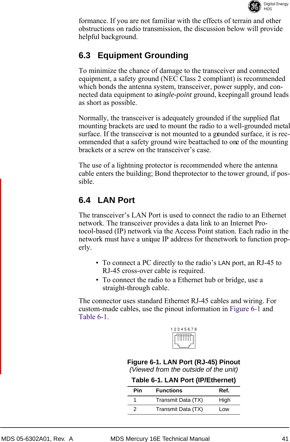 MDS 05-6302A01, Rev.  A MDS Mercury 16E Technical Manual 41formance. If you are not familiar with the effects of terrain and other obstructions on radio transmission, the discussion below will provide helpful background.6.3 Equipment GroundingTo minimize the chance of damage to the transceiver and connected equipment, a safety ground (NEC Class 2 compliant) is recommended which bonds the antenna system, transceiver, power supply, and con-nected data equipment to a single-point ground, keeping all ground leads as short as possible.Normally, the transceiver is adequately grounded if the supplied flat mounting brackets are used to mount the radio to a well-grounded metal surface. If the transceiver is not mounted to a grounded surface, it is rec-ommended that a safety ground wire be attached to one of the mounting brackets or a screw on the transceiver’s case. The use of a lightning protector is recommended where the antenna cable enters the building; Bond the protector to the tower ground, if pos-sible.6.4 LAN PortThe transceiver’s LAN Port is used to connect the radio to an Ethernet network. The transceiver provides a data link to an Internet Pro-tocol-based (IP) network via the Access Point station. Each radio in the network must have a unique IP address for the network to function prop-erly.• To connect a PC directly to the radio’s LAN port, an RJ-45 to RJ-45 cross-over cable is required. • To connect the radio to a Ethernet hub or bridge, use a straight-through cable.The connector uses standard Ethernet RJ-45 cables and wiring. For custom-made cables, use the pinout information in Figure 6-1 and Table 6-1.Figure 6-1. LAN Port (RJ-45) Pinout(Viewed from the outside of the unit) Table 6-1. LAN Port (IP/Ethernet)Pin Functions Ref.1 Transmit Data (TX) High2 Transmit Data (TX) Low1 2 3 4 5 6 7 8