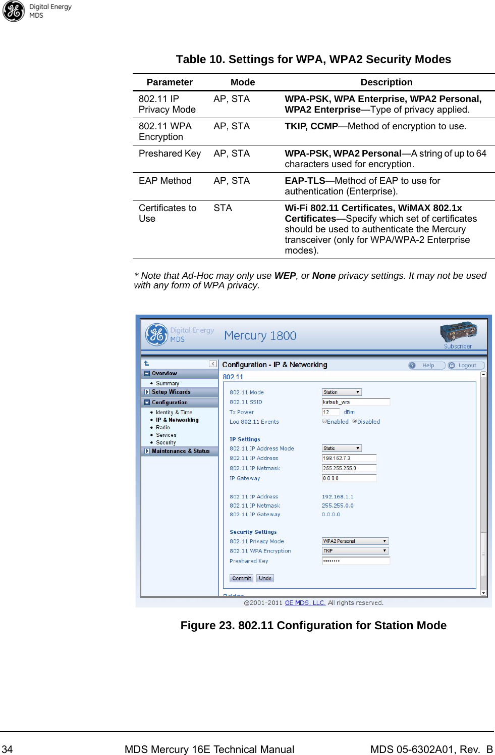 34 MDS Mercury 16E Technical Manual MDS 05-6302A01, Rev.  B* Note that Ad-Hoc may only use WEP, or None privacy settings. It may not be used with any form of WPA privacy.Invisible place holderFigure 23. 802.11 Configuration for Station ModeTable 10. Settings for WPA, WPA2 Security ModesParameter Mode Description802.11 IP Privacy ModeAP, STA WPA-PSK, WPA Enterprise, WPA2 Personal, WPA2 Enterprise—Type of privacy applied.802.11 WPA EncryptionAP, STA TKIP, CCMP—Method of encryption to use.Preshared Key AP, STA WPA-PSK, WPA2 Personal—A string of up to 64 characters used for encryption.EAP Method AP, STA EAP-TLS—Method of EAP to use for authentication (Enterprise).Certificates to UseSTA Wi-Fi 802.11 Certificates, WiMAX 802.1x Certificates—Specify which set of certificates should be used to authenticate the Mercury transceiver (only for WPA/WPA-2 Enterprise modes).