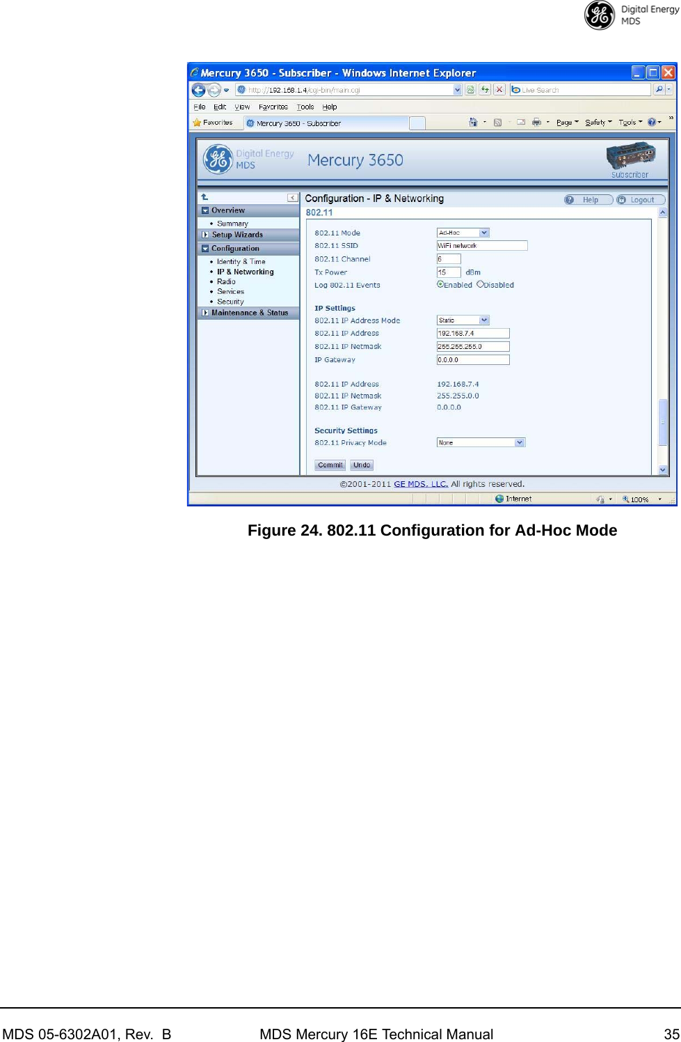 MDS 05-6302A01, Rev.  B MDS Mercury 16E Technical Manual 35Invisible place holderFigure 24. 802.11 Configuration for Ad-Hoc Mode