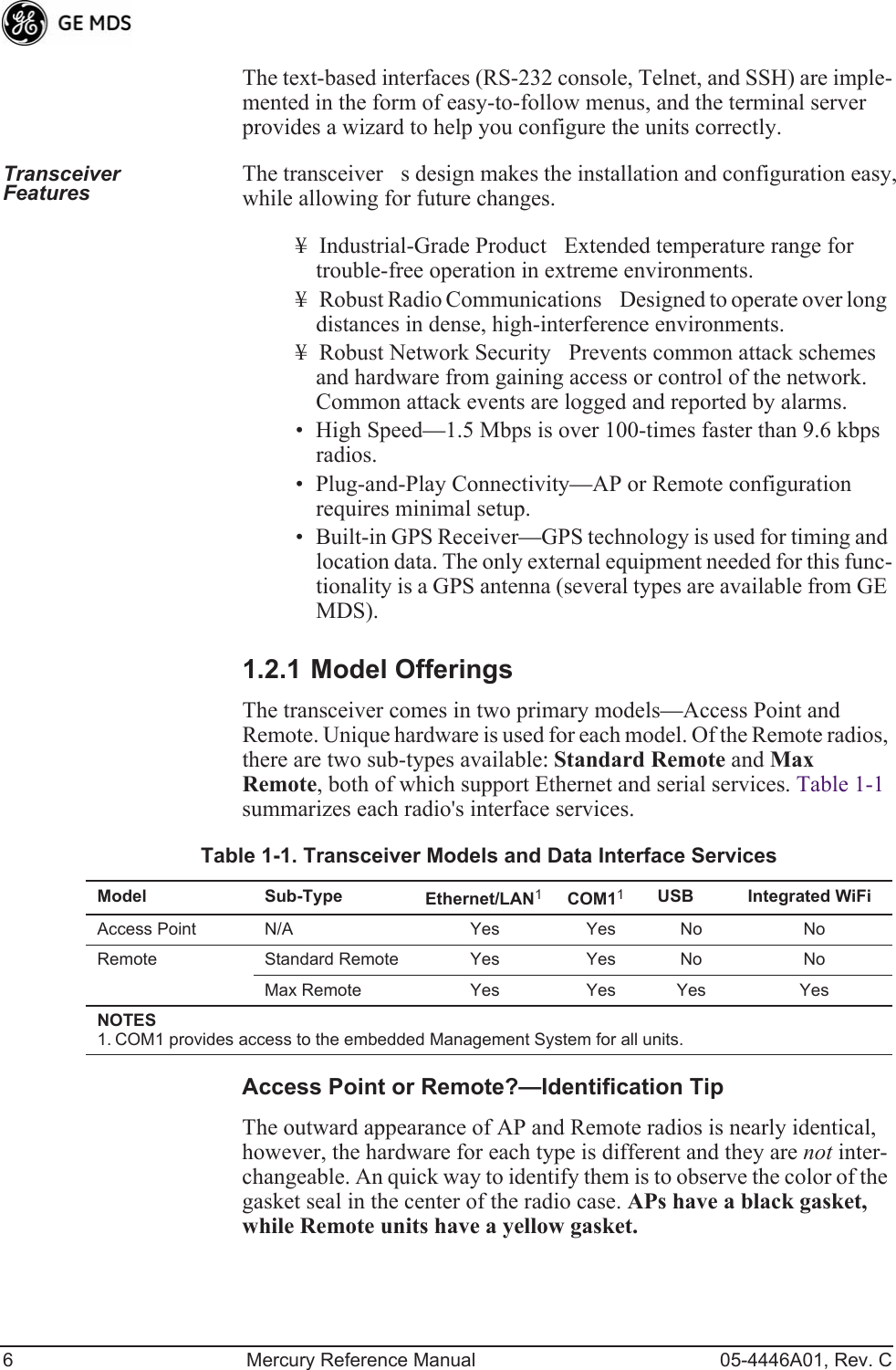 6 Mercury Reference Manual 05-4446A01, Rev. CThe text-based interfaces (RS-232 console, Telnet, and SSH) are imple-mented in the form of easy-to-follow menus, and the terminal server provides a wizard to help you configure the units correctly.Transceiver Features The transceivers design makes the installation and configuration easy, while allowing for future changes.¥ Industrial-Grade ProductExtended temperature range for trouble-free operation in extreme environments.¥ Robust Radio CommunicationsDesigned to operate over long distances in dense, high-interference environments.¥ Robust Network SecurityPrevents common attack schemes and hardware from gaining access or control of the network. Common attack events are logged and reported by alarms.•High Speed—1.5 Mbps is over 100-times faster than 9.6 kbps radios.•Plug-and-Play Connectivity—AP or Remote configuration requires minimal setup.•Built-in GPS Receiver—GPS technology is used for timing and location data. The only external equipment needed for this func-tionality is a GPS antenna (several types are available from GE MDS).1.2.1 Model OfferingsThe transceiver comes in two primary models—Access Point and Remote. Unique hardware is used for each model. Of the Remote radios, there are two sub-types available:Standard Remote and Max Remote, both of which support Ethernet and serial services. Table 1-1 summarizes each radio&apos;s interface services.Access Point or Remote?—Identification TipThe outward appearance of AP and Remote radios is nearly identical, however, the hardware for each type is different and they are not inter-changeable. An quick way to identify them is to observe the color of the gasket seal in the center of the radio case. APs have a black gasket, while Remote units have a yellow gasket.Table 1-1. Transceiver Models and Data Interface ServicesModel Sub-Type Ethernet/LAN1COM11USB Integrated WiFiAccess Point N/A Yes Yes No NoRemote Standard Remote Yes Yes No NoMax Remote Yes Yes Yes YesNOTES 1. COM1 provides access to the embedded Management System for all units.