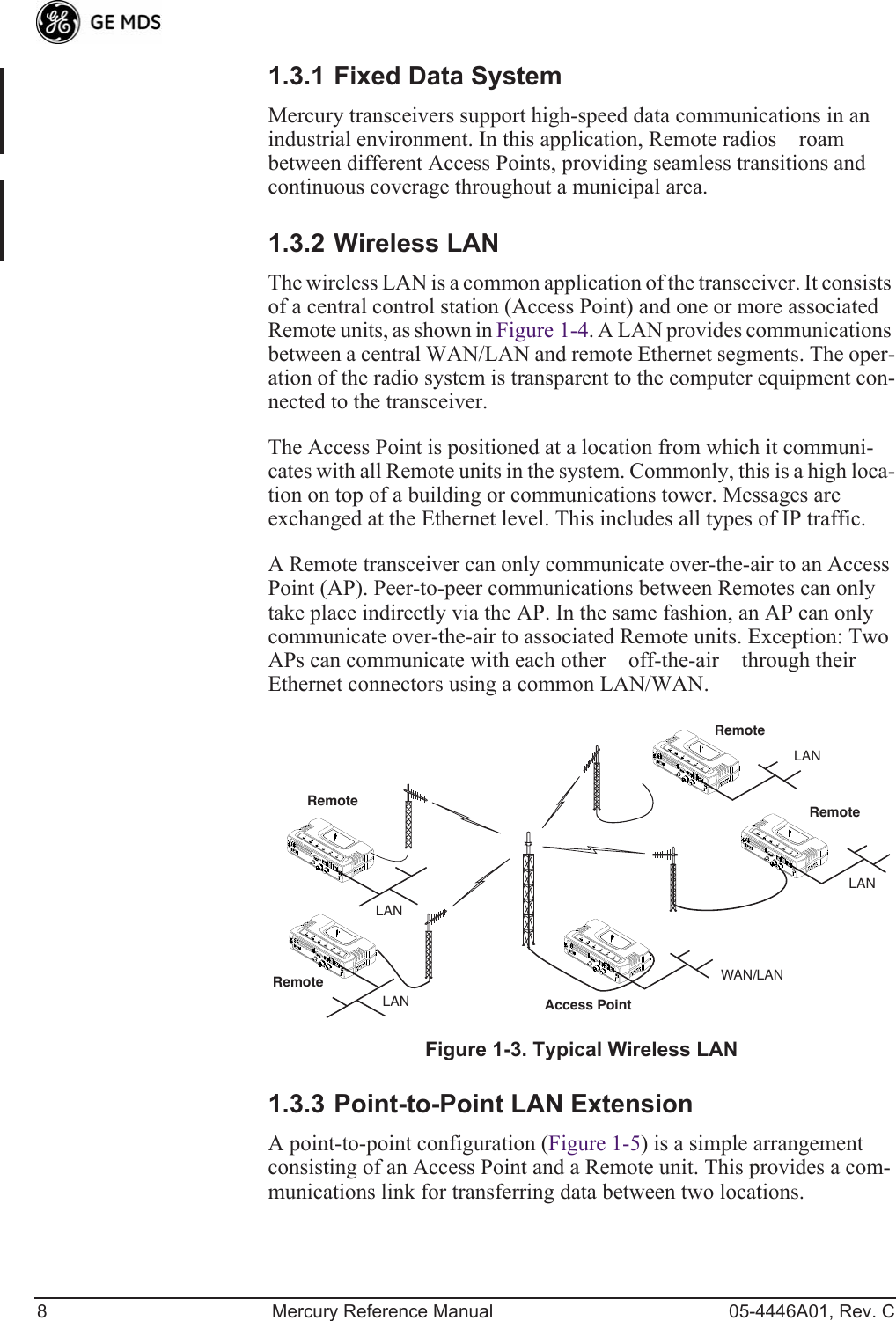 8 Mercury Reference Manual 05-4446A01, Rev. C1.3.1 Fixed Data SystemMercury transceivers support high-speed data communications in an industrial environment. In this application, Remote radios roam between different Access Points, providing seamless transitions and continuous coverage throughout a municipal area. 1.3.2 Wireless LANThe wireless LAN is a common application of the transceiver. It consists of a central control station (Access Point) and one or more associated Remote units, as shown in Figure 1-4. A LAN provides communications between a central WAN/LAN and remote Ethernet segments. The oper-ation of the radio system is transparent to the computer equipment con-nected to the transceiver.The Access Point is positioned at a location from which it communi-cates with all Remote units in the system. Commonly, this is a high loca-tion on top of a building or communications tower. Messages are exchanged at the Ethernet level. This includes all types of IP traffic.A Remote transceiver can only communicate over-the-air to an Access Point (AP). Peer-to-peer communications between Remotes can only take place indirectly via the AP. In the same fashion, an AP can only communicate over-the-air to associated Remote units. Exception: Two APs can communicate with each other off-the-air through their Ethernet connectors using a common LAN/WAN.Invisible place holderFigure 1-3. Typical Wireless LAN1.3.3 Point-to-Point LAN ExtensionA point-to-point configuration (Figure 1-5) is a simple arrangement consisting of an Access Point and a Remote unit. This provides a com-munications link for transferring data between two locations.RemoteRemoteAccess PointRemoteRemoteLANLANWAN/LANLANLAN