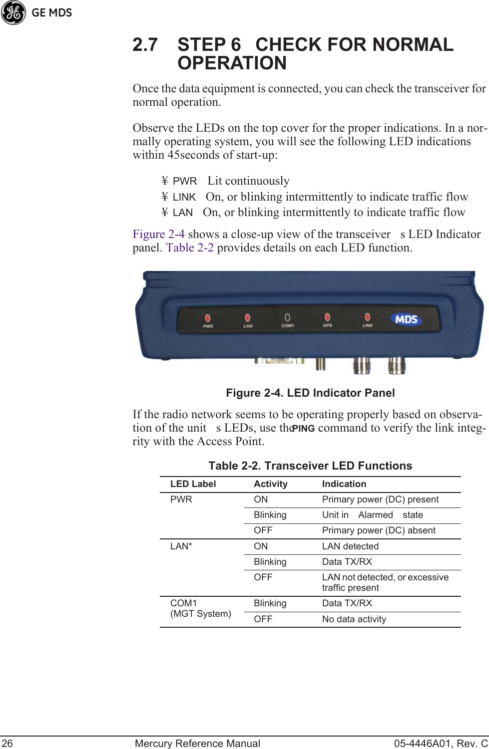 26 Mercury Reference Manual 05-4446A01, Rev. C2.7 STEP 6CHECK FOR NORMAL OPERATIONOnce the data equipment is connected, you can check the transceiver for normal operation.Observe the LEDs on the top cover for the proper indications. In a nor-mally operating system, you will see the following LED indications within 45seconds of start-up:¥PWR Lit continuously¥LINKOn, or blinking intermittently to indicate traffic flow¥LANOn, or blinking intermittently to indicate traffic flowFigure 2-4 shows a close-up view of the transceivers LED Indicator panel. Table 2-2 provides details on each LED function.Invisible place holderFigure 2-4. LED Indicator PanelIf the radio network seems to be operating properly based on observa-tion of the units LEDs, use the PING command to verify the link integ-rity with the Access Point.Table 2-2. Transceiver LED Functions LED Label  Activity IndicationPWR ON Primary power (DC) presentBlinking Unit in Alarmed stateOFF Primary power (DC) absentLAN* ON LAN detectedBlinking Data TX/RXOFF LAN not detected, or excessive traffic presentCOM1(MGT System)Blinking Data TX/RXOFF No data activity