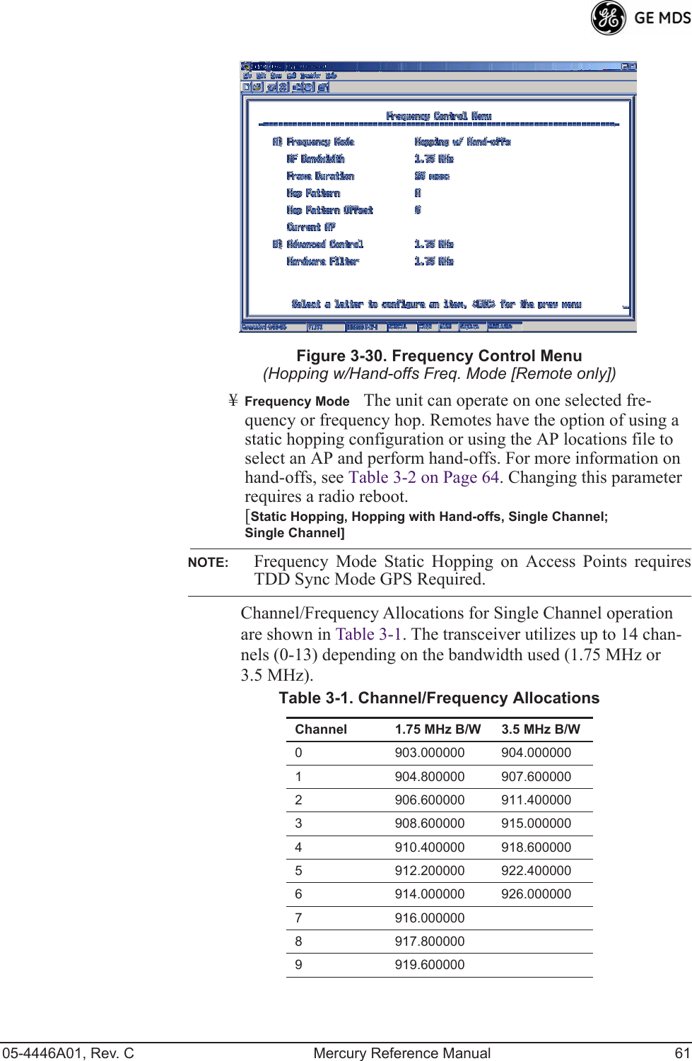 05-4446A01, Rev. C Mercury Reference Manual 61Invisible place holderFigure 3-30. Frequency Control Menu(Hopping w/Hand-offs Freq. Mode [Remote only])¥Frequency ModeThe unit can operate on one selected fre-quency or frequency hop. Remotes have the option of using a static hopping configuration or using the AP locations file to select an AP and perform hand-offs. For more information on hand-offs, see Table 3-2 on Page 64. Changing this parameter requires a radio reboot.[Static Hopping, Hopping with Hand-offs, Single Channel; Single Channel]NOTE: Frequency Mode Static Hopping on Access Points requiresTDD Sync Mode GPS Required.Channel/Frequency Allocations for Single Channel operation are shown in Table 3-1. The transceiver utilizes up to 14 chan-nels (0-13) depending on the bandwidth used (1.75 MHz or 3.5 MHz).Table 3-1. Channel/Frequency AllocationsChannel 1.75 MHz B/W 3.5 MHz B/W0 903.000000 904.0000001 904.800000 907.6000002 906.600000 911.4000003 908.600000 915.0000004 910.400000 918.6000005 912.200000 922.4000006 914.000000 926.0000007 916.0000008 917.8000009 919.600000 