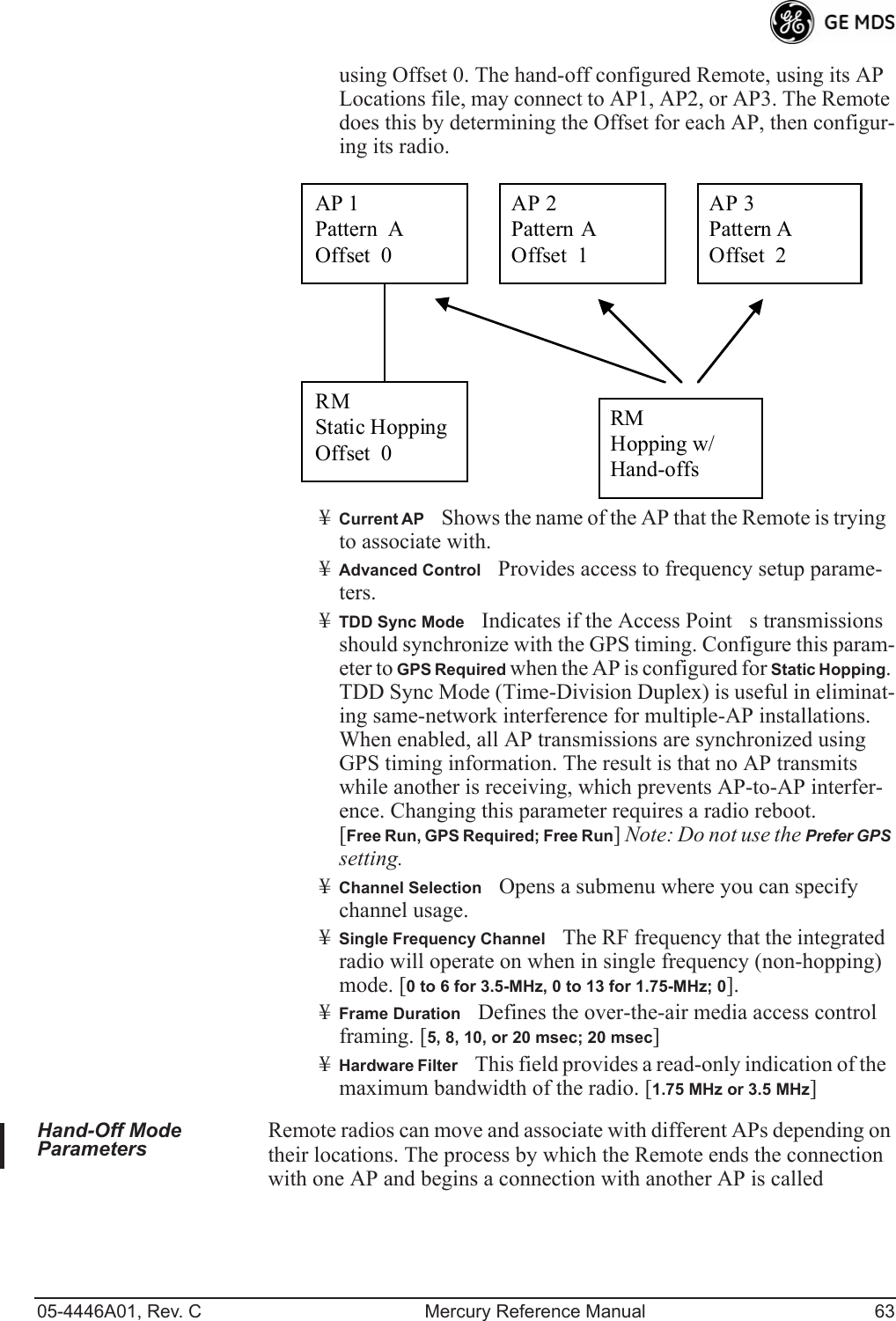 05-4446A01, Rev. C Mercury Reference Manual 63using Offset 0. The hand-off configured Remote, using its AP Locations file, may connect to AP1, AP2, or AP3. The Remote does this by determining the Offset for each AP, then configur-ing its radio.¥Current APShows the name of the AP that the Remote is trying to associate with.¥Advanced ControlProvides access to frequency setup parame-ters.¥TDD Sync ModeIndicates if the Access Points transmissions should synchronize with the GPS timing. Configure this param-eter to GPS Required when the AP is configured for Static Hopping. TDD Sync Mode (Time-Division Duplex) is useful in eliminat-ing same-network interference for multiple-AP installations. When enabled, all AP transmissions are synchronized using GPS timing information. The result is that no AP transmits while another is receiving, which prevents AP-to-AP interfer-ence. Changing this parameter requires a radio reboot.[Free Run, GPS Required; Free Run] Note: Do not use the Prefer GPS setting.¥Channel SelectionOpens a submenu where you can specify channel usage.¥Single Frequency ChannelThe RF frequency that the integrated radio will operate on when in single frequency (non-hopping) mode. [0 to 6 for 3.5-MHz, 0 to 13 for 1.75-MHz; 0].¥Frame DurationDefines the over-the-air media access control framing. [5, 8, 10, or 20 msec; 20 msec]¥Hardware FilterThis field provides a read-only indication of the maximum bandwidth of the radio. [1.75 MHz or 3.5 MHz]Hand-Off Mode Parameters Remote radios can move and associate with different APs depending on their locations. The process by which the Remote ends the connection with one AP and begins a connection with another AP is called AP 1 Pattern A Offset 0 AP 2 Pattern A Offset 1 AP 3 Pattern A Offset 2 RM Static Hopping Offset 0 RM Hopping w/ Hand-offs 