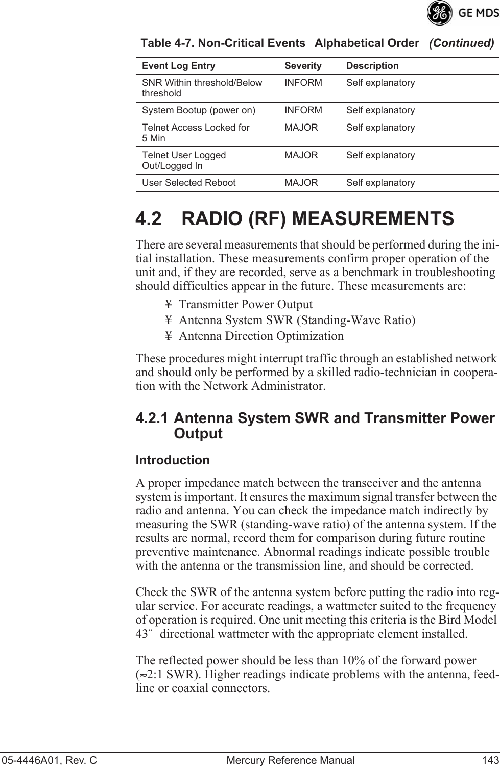 05-4446A01, Rev. C Mercury Reference Manual 1434.2 RADIO (RF) MEASUREMENTSThere are several measurements that should be performed during the ini-tial installation. These measurements confirm proper operation of the unit and, if they are recorded, serve as a benchmark in troubleshooting should difficulties appear in the future. These measurements are:¥ Transmitter Power Output¥ Antenna System SWR (Standing-Wave Ratio)¥ Antenna Direction OptimizationThese procedures might interrupt traffic through an established network and should only be performed by a skilled radio-technician in coopera-tion with the Network Administrator.4.2.1 Antenna System SWR and Transmitter Power OutputIntroductionA proper impedance match between the transceiver and the antenna system is important. It ensures the maximum signal transfer between the radio and antenna. You can check the impedance match indirectly by measuring the SWR (standing-wave ratio) of the antenna system. If the results are normal, record them for comparison during future routine preventive maintenance. Abnormal readings indicate possible trouble with the antenna or the transmission line, and should be corrected.Check the SWR of the antenna system before putting the radio into reg-ular service. For accurate readings, a wattmeter suited to the frequency of operation is required. One unit meeting this criteria is the Bird Model 43“ directional wattmeter with the appropriate element installed.The reflected power should be less than 10% of the forward power (≈2:1 SWR). Higher readings indicate problems with the antenna, feed-line or coaxial connectors.SNR Within threshold/Below thresholdINFORM Self explanatorySystem Bootup (power on) INFORM Self explanatoryTelnet Access Locked for 5 MinMAJOR Self explanatoryTelnet User Logged Out/Logged InMAJOR Self explanatoryUser Selected Reboot MAJOR Self explanatoryTable 4-7. Non-Critical EventsAlphabetical Order   (Continued)Event Log Entry Severity Description