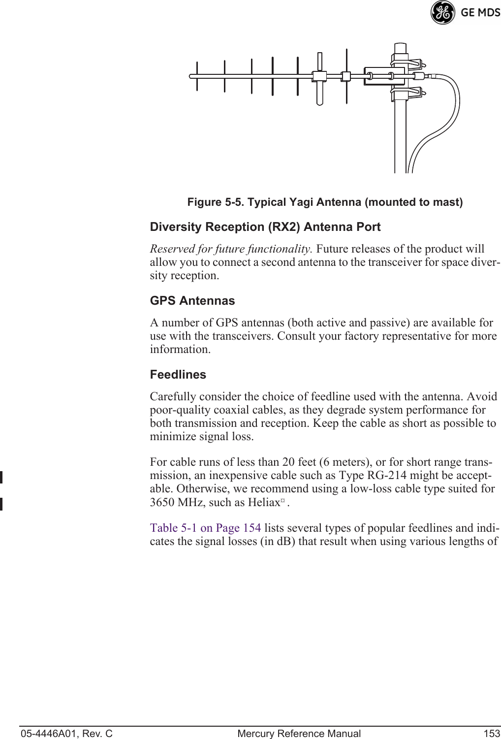 05-4446A01, Rev. C Mercury Reference Manual 153Invisible place holderFigure 5-5. Typical Yagi Antenna (mounted to mast)Diversity Reception (RX2) Antenna PortReserved for future functionality. Future releases of the product will allow you to connect a second antenna to the transceiver for space diver-sity reception.GPS AntennasA number of GPS antennas (both active and passive) are available for use with the transceivers. Consult your factory representative for more information.FeedlinesCarefully consider the choice of feedline used with the antenna. Avoid poor-quality coaxial cables, as they degrade system performance for both transmission and reception. Keep the cable as short as possible to minimize signal loss.For cable runs of less than 20 feet (6 meters), or for short range trans-mission, an inexpensive cable such as Type RG-214 might be accept-able. Otherwise, we recommend using a low-loss cable type suited for 3650 MHz, such as Heliax¤.Table 5-1 on Page 154 lists several types of popular feedlines and indi-cates the signal losses (in dB) that result when using various lengths of 