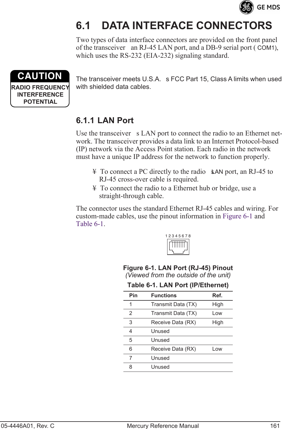 05-4446A01, Rev. C Mercury Reference Manual 1616.1 DATA INTERFACE CONNECTORSTwo types of data interface connectors are provided on the front panel of the transceiveran RJ-45 LAN port, and a DB-9 serial port ( COM1), which uses the RS-232 (EIA-232) signaling standard. The transceiver meets U.S.A.s FCC Part 15, Class A limits when used with shielded data cables. 6.1.1 LAN PortUse the transceivers LAN port to connect the radio to an Ethernet net-work. The transceiver provides a data link to an Internet Protocol-based (IP) network via the Access Point station. Each radio in the network must have a unique IP address for the network to function properly.¥ To connect a PC directly to the radios LAN port, an RJ-45 to RJ-45 cross-over cable is required. ¥ To connect the radio to a Ethernet hub or bridge, use a straight-through cable.The connector uses the standard Ethernet RJ-45 cables and wiring. For custom-made cables, use the pinout information in Figure 6-1 and Table 6-1.Figure 6-1. LAN Port (RJ-45) Pinout(Viewed from the outside of the unit) Table 6-1. LAN Port (IP/Ethernet)Pin Functions Ref.1 Transmit Data (TX) High2 Transmit Data (TX) Low3 Receive Data (RX) High4 Unused5 Unused6 Receive Data (RX) Low7 Unused8 UnusedCAUTIONRADIO FREQUENCYINTERFERENCE POTENTIAL1 2 3 4 5 6 7 8