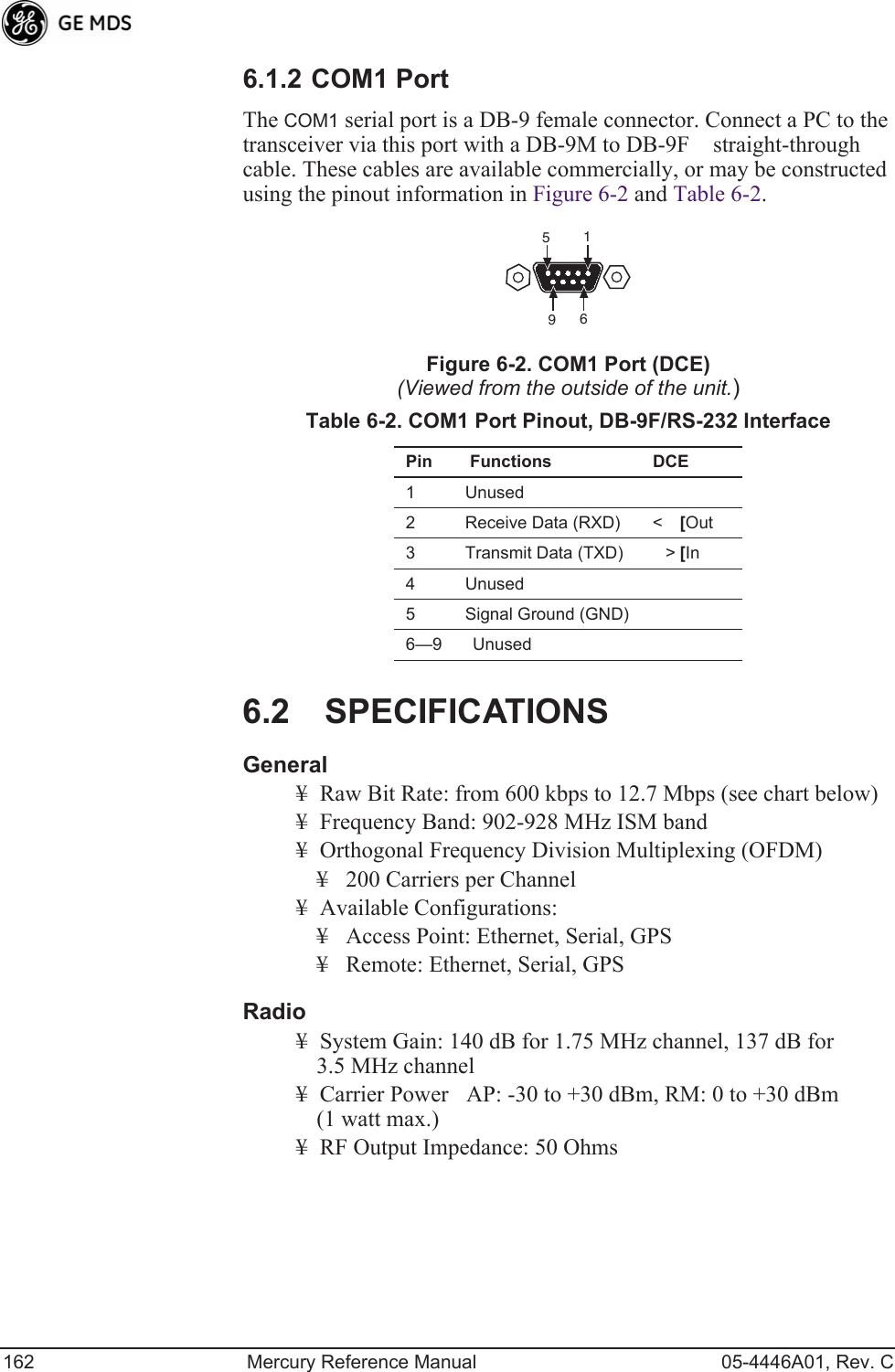 162 Mercury Reference Manual 05-4446A01, Rev. C6.1.2 COM1 PortThe COM1 serial port is a DB-9 female connector. Connect a PC to the transceiver via this port with a DB-9M to DB-9F straight-through cable. These cables are available commercially, or may be constructed using the pinout information in Figure 6-2 and Table 6-2.Figure 6-2. COM1 Port (DCE)(Viewed from the outside of the unit.) 6.2 SPECIFICATIONSGeneral¥ Raw Bit Rate: from 600 kbps to 12.7 Mbps (see chart below)¥ Frequency Band: 902-928 MHz ISM band¥ Orthogonal Frequency Division Multiplexing (OFDM)¥ 200 Carriers per Channel¥ Available Configurations:¥ Access Point: Ethernet, Serial, GPS¥ Remote: Ethernet, Serial, GPSRadio¥ System Gain: 140 dB for 1.75 MHz channel, 137 dB for 3.5 MHz channel¥ Carrier PowerAP: -30 to +30 dBm, RM: 0 to +30 dBm(1 watt max.)¥ RF Output Impedance: 50 OhmsTable 6-2. COM1 Port Pinout, DB-9F/RS-232 InterfacePin  Functions DCE1 Unused2 Receive Data (RXD) &lt; [Out3 Transmit Data (TXD) &gt; [In4 Unused5 Signal Ground (GND)6—9 Unused1596