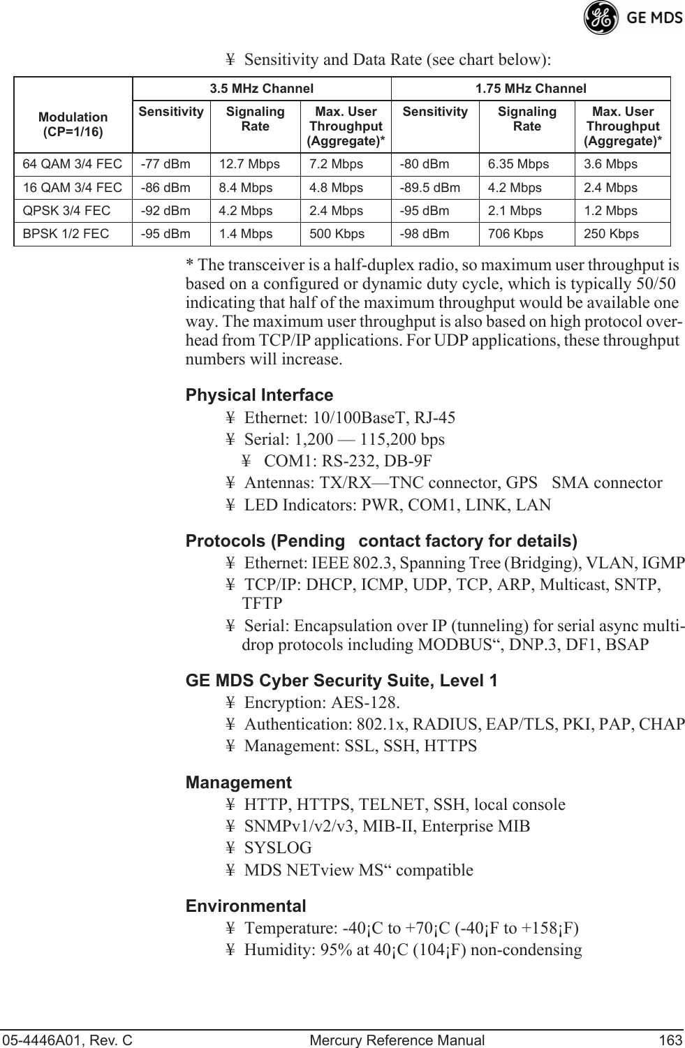 05-4446A01, Rev. C Mercury Reference Manual 163¥ Sensitivity and Data Rate (see chart below):* The transceiver is a half-duplex radio, so maximum user throughput is based on a configured or dynamic duty cycle, which is typically 50/50 indicating that half of the maximum throughput would be available one way. The maximum user throughput is also based on high protocol over-head from TCP/IP applications. For UDP applications, these throughput numbers will increase.Physical Interface¥ Ethernet: 10/100BaseT, RJ-45¥ Serial: 1,200 — 115,200 bps¥ COM1: RS-232, DB-9F¥ Antennas: TX/RX—TNC connector, GPSSMA connector¥ LED Indicators: PWR, COM1, LINK, LANProtocols (Pendingcontact factory for details)¥ Ethernet: IEEE 802.3, Spanning Tree (Bridging), VLAN, IGMP¥ TCP/IP: DHCP, ICMP, UDP, TCP, ARP, Multicast, SNTP, TFTP¥ Serial: Encapsulation over IP (tunneling) for serial async multi-drop protocols including MODBUS“, DNP.3, DF1, BSAPGE MDS Cyber Security Suite, Level 1¥ Encryption: AES-128.¥ Authentication: 802.1x, RADIUS, EAP/TLS, PKI, PAP, CHAP¥ Management: SSL, SSH, HTTPSManagement¥ HTTP, HTTPS, TELNET, SSH, local console¥ SNMPv1/v2/v3, MIB-II, Enterprise MIB¥ SYSLOG¥ MDS NETview MS“ compatibleEnvironmental¥ Temperature: -40¡C to +70¡C (-40¡F to +158¡F)¥ Humidity: 95% at 40¡C (104¡F) non-condensingModulation (CP=1/16)3.5 MHz Channel 1.75 MHz ChannelSensitivity Signaling RateMax. User Throughput (Aggregate)*Sensitivity Signaling RateMax. User Throughput(Aggregate)*64 QAM 3/4 FEC -77 dBm 12.7 Mbps 7.2 Mbps -80 dBm 6.35 Mbps 3.6 Mbps16 QAM 3/4 FEC -86 dBm 8.4 Mbps 4.8 Mbps -89.5 dBm 4.2 Mbps 2.4 MbpsQPSK 3/4 FEC -92 dBm 4.2 Mbps 2.4 Mbps -95 dBm 2.1 Mbps 1.2 MbpsBPSK 1/2 FEC -95 dBm 1.4 Mbps 500 Kbps -98 dBm 706 Kbps 250 Kbps