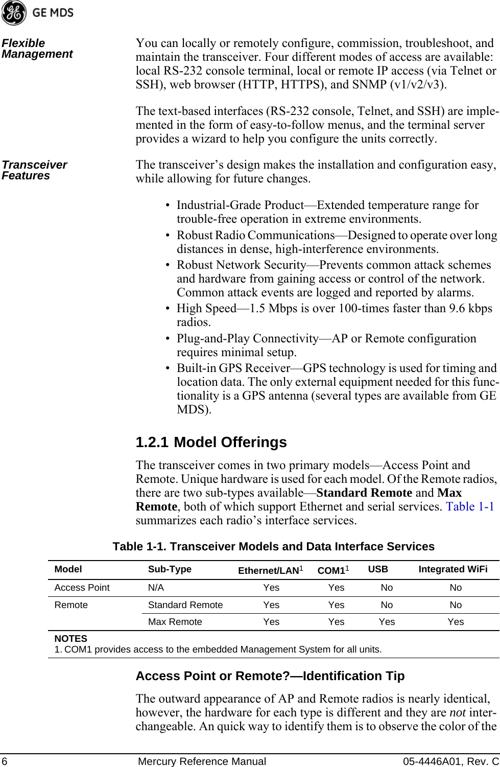 6 Mercury Reference Manual 05-4446A01, Rev. CFlexible Management You can locally or remotely configure, commission, troubleshoot, and maintain the transceiver. Four different modes of access are available: local RS-232 console terminal, local or remote IP access (via Telnet or SSH), web browser (HTTP, HTTPS), and SNMP (v1/v2/v3).The text-based interfaces (RS-232 console, Telnet, and SSH) are imple-mented in the form of easy-to-follow menus, and the terminal server provides a wizard to help you configure the units correctly.Transceiver Features The transceiver’s design makes the installation and configuration easy, while allowing for future changes.• Industrial-Grade Product—Extended temperature range for trouble-free operation in extreme environments.• Robust Radio Communications—Designed to operate over long distances in dense, high-interference environments.• Robust Network Security—Prevents common attack schemes and hardware from gaining access or control of the network. Common attack events are logged and reported by alarms.• High Speed—1.5 Mbps is over 100-times faster than 9.6 kbps radios.• Plug-and-Play Connectivity—AP or Remote configuration requires minimal setup.• Built-in GPS Receiver—GPS technology is used for timing and location data. The only external equipment needed for this func-tionality is a GPS antenna (several types are available from GE MDS).1.2.1 Model OfferingsThe transceiver comes in two primary models—Access Point and Remote. Unique hardware is used for each model. Of the Remote radios, there are two sub-types available—Standard Remote and Max Remote, both of which support Ethernet and serial services. Table 1-1 summarizes each radio’s interface services.Access Point or Remote?—Identification TipThe outward appearance of AP and Remote radios is nearly identical, however, the hardware for each type is different and they are not inter-changeable. An quick way to identify them is to observe the color of the Table 1-1. Transceiver Models and Data Interface ServicesModel Sub-Type Ethernet/LAN1COM11USB Integrated WiFiAccess Point N/A Yes Yes No NoRemote Standard Remote Yes Yes No NoMax Remote Yes Yes Yes YesNOTES 1. COM1 provides access to the embedded Management System for all units.