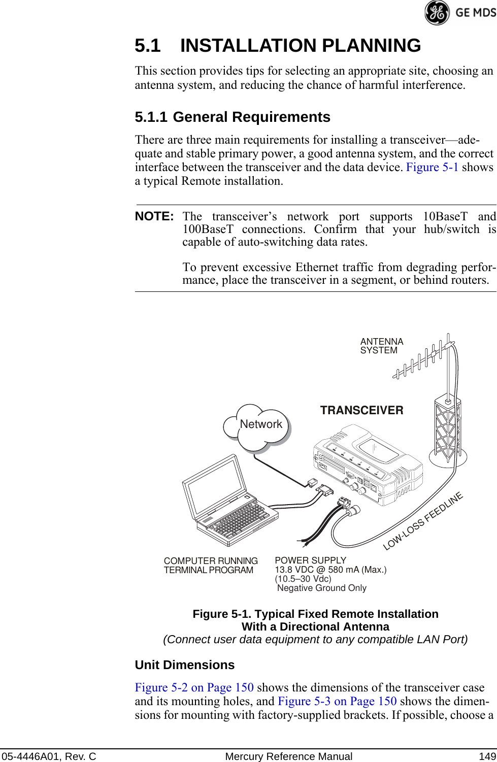 05-4446A01, Rev. C Mercury Reference Manual 1495.1 INSTALLATION PLANNINGThis section provides tips for selecting an appropriate site, choosing an antenna system, and reducing the chance of harmful interference.5.1.1 General RequirementsThere are three main requirements for installing a transceiver—ade-quate and stable primary power, a good antenna system, and the correct interface between the transceiver and the data device. Figure 5-1 shows a typical Remote installation.NOTE: The transceiver’s network port supports 10BaseT and100BaseT connections. Confirm that your hub/switch iscapable of auto-switching data rates.To prevent excessive Ethernet traffic from degrading perfor-mance, place the transceiver in a segment, or behind routers.Invisible place holderFigure 5-1. Typical Fixed Remote Installation With a Directional Antenna(Connect user data equipment to any compatible LAN Port)Unit DimensionsFigure 5-2 on Page 150 shows the dimensions of the transceiver case and its mounting holes, and Figure 5-3 on Page 150 shows the dimen-sions for mounting with factory-supplied brackets. If possible, choose a POWER SUPPLY13.8 VDC @ 580 mA (Max.)(10.5–30 Vdc) Negative Ground OnlyCOMPUTER RUNNINGTERMINAL PROGRAMTRANSCEIVERLOW-LOSS FEEDLINEANTENNASYSTEMNetwork