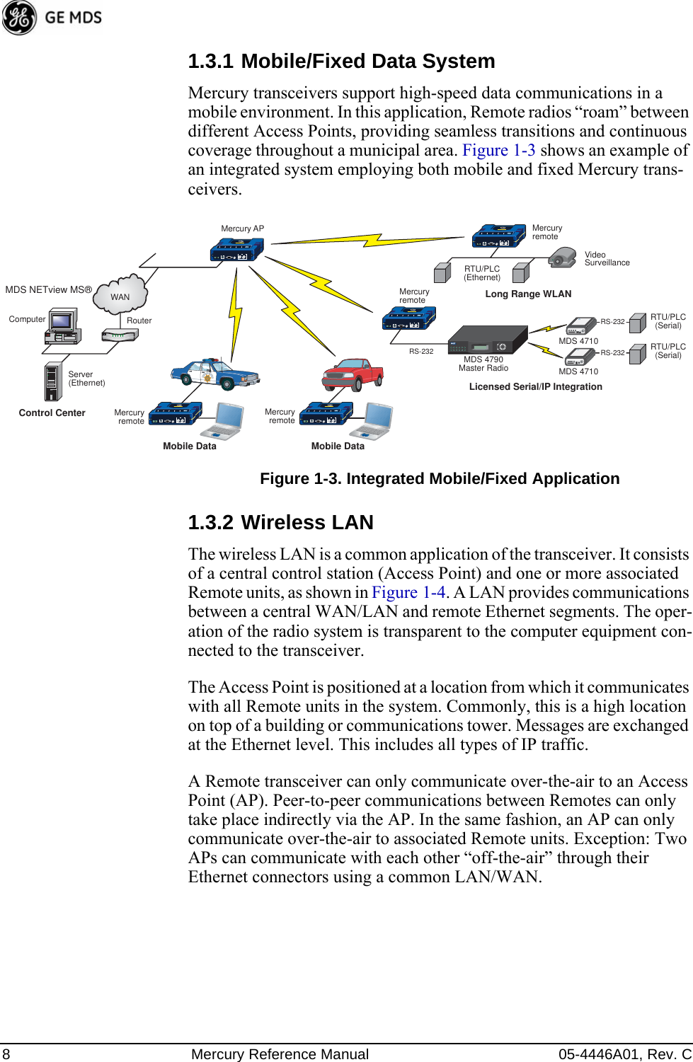 8 Mercury Reference Manual 05-4446A01, Rev. C1.3.1 Mobile/Fixed Data SystemMercury transceivers support high-speed data communications in a mobile environment. In this application, Remote radios “roam” between different Access Points, providing seamless transitions and continuous coverage throughout a municipal area. Figure 1-3 shows an example of an integrated system employing both mobile and fixed Mercury trans-ceivers.Invisible place holderFigure 1-3. Integrated Mobile/Fixed Application1.3.2 Wireless LANThe wireless LAN is a common application of the transceiver. It consists of a central control station (Access Point) and one or more associated Remote units, as shown in Figure 1-4. A LAN provides communications between a central WAN/LAN and remote Ethernet segments. The oper-ation of the radio system is transparent to the computer equipment con-nected to the transceiver.The Access Point is positioned at a location from which it communicates with all Remote units in the system. Commonly, this is a high location on top of a building or communications tower. Messages are exchanged at the Ethernet level. This includes all types of IP traffic.A Remote transceiver can only communicate over-the-air to an Access Point (AP). Peer-to-peer communications between Remotes can only take place indirectly via the AP. In the same fashion, an AP can only communicate over-the-air to associated Remote units. Exception: Two APs can communicate with each other “off-the-air” through their Ethernet connectors using a common LAN/WAN.MDS 4790Master RadioLicensed Serial/IP IntegrationMercury APMDS 4710RTU/PLC(Serial)RS-232RS-232RS-232MDS 4710RTU/PLC(Serial)RTU/PLC(Ethernet)Long Range WLANMobile DataMobile DataMDS NETview MS®Server(Ethernet)Computer RouterWANVideoSurveillanceMercuryremoteControl Center MercuryremoteMercuryremoteMercuryremote