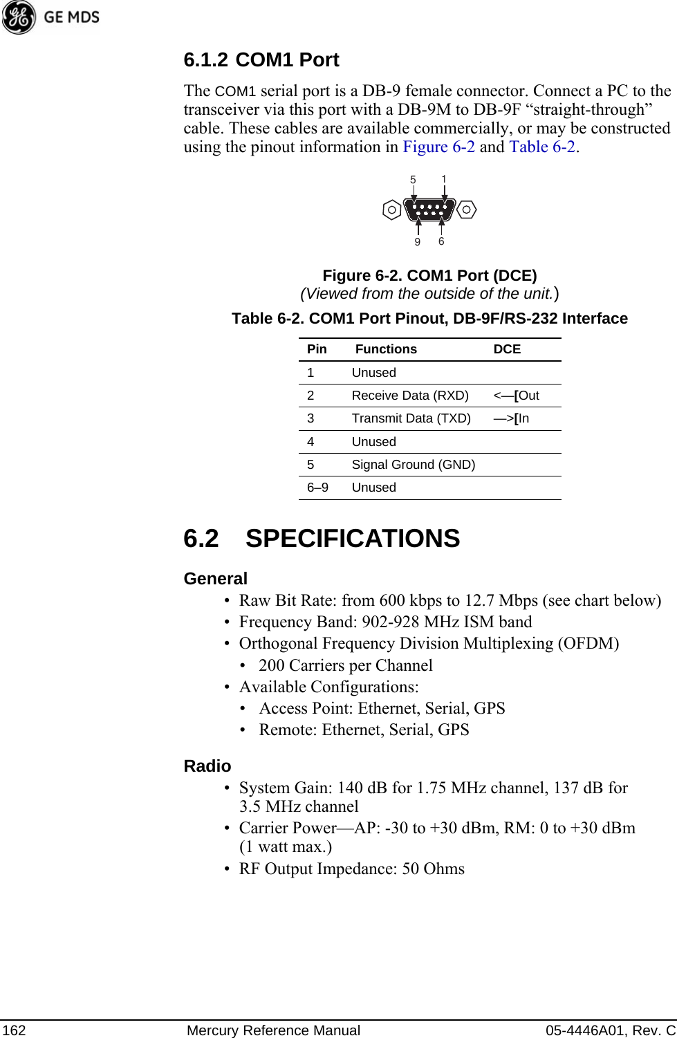 162 Mercury Reference Manual 05-4446A01, Rev. C6.1.2 COM1 PortThe COM1 serial port is a DB-9 female connector. Connect a PC to the transceiver via this port with a DB-9M to DB-9F “straight-through” cable. These cables are available commercially, or may be constructed using the pinout information in Figure 6-2 and Table 6-2.Figure 6-2. COM1 Port (DCE)(Viewed from the outside of the unit.) 6.2 SPECIFICATIONSGeneral• Raw Bit Rate: from 600 kbps to 12.7 Mbps (see chart below)• Frequency Band: 902-928 MHz ISM band• Orthogonal Frequency Division Multiplexing (OFDM)• 200 Carriers per Channel• Available Configurations:• Access Point: Ethernet, Serial, GPS• Remote: Ethernet, Serial, GPSRadio• System Gain: 140 dB for 1.75 MHz channel, 137 dB for 3.5 MHz channel• Carrier Power—AP: -30 to +30 dBm, RM: 0 to +30 dBm(1 watt max.)• RF Output Impedance: 50 OhmsTable 6-2. COM1 Port Pinout, DB-9F/RS-232 InterfacePin  Functions DCE1 Unused2 Receive Data (RXD) &lt;—[Out3 Transmit Data (TXD) —&gt;[In4 Unused5 Signal Ground (GND)6–9 Unused1596