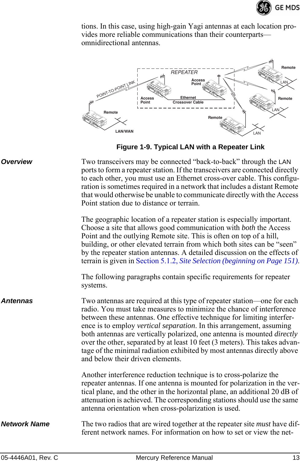 05-4446A01, Rev. C Mercury Reference Manual 13tions. In this case, using high-gain Yagi antennas at each location pro-vides more reliable communications than their counterparts—omnidirectional antennas.Invisible place holderFigure 1-9. Typical LAN with a Repeater LinkOverview Two transceivers may be connected “back-to-back” through the LAN ports to form a repeater station. If the transceivers are connected directly to each other, you must use an Ethernet cross-over cable. This configu-ration is sometimes required in a network that includes a distant Remote that would otherwise be unable to communicate directly with the Access Point station due to distance or terrain.The geographic location of a repeater station is especially important. Choose a site that allows good communication with both the Access Point and the outlying Remote site. This is often on top of a hill, building, or other elevated terrain from which both sites can be “seen” by the repeater station antennas. A detailed discussion on the effects of terrain is given in Section 5.1.2, Site Selection (beginning on Page 151).The following paragraphs contain specific requirements for repeater systems.Antennas Two antennas are required at this type of repeater station—one for each radio. You must take measures to minimize the chance of interference between these antennas. One effective technique for limiting interfer-ence is to employ vertical separation. In this arrangement, assuming both antennas are vertically polarized, one antenna is mounted directly over the other, separated by at least 10 feet (3 meters). This takes advan-tage of the minimal radiation exhibited by most antennas directly above and below their driven elements.Another interference reduction technique is to cross-polarize the repeater antennas. If one antenna is mounted for polarization in the ver-tical plane, and the other in the horizontal plane, an additional 20 dB of attenuation is achieved. The corresponding stations should use the same antenna orientation when cross-polarization is used.Network Name The two radios that are wired together at the repeater site must have dif-ferent network names. For information on how to set or view the net-RemoteRemoteRemoteRemoteAccessPointAccessPointLAN/WANREPEATERCrossover CableLANLANLANEthernetPOINT-TO-POINT LINK