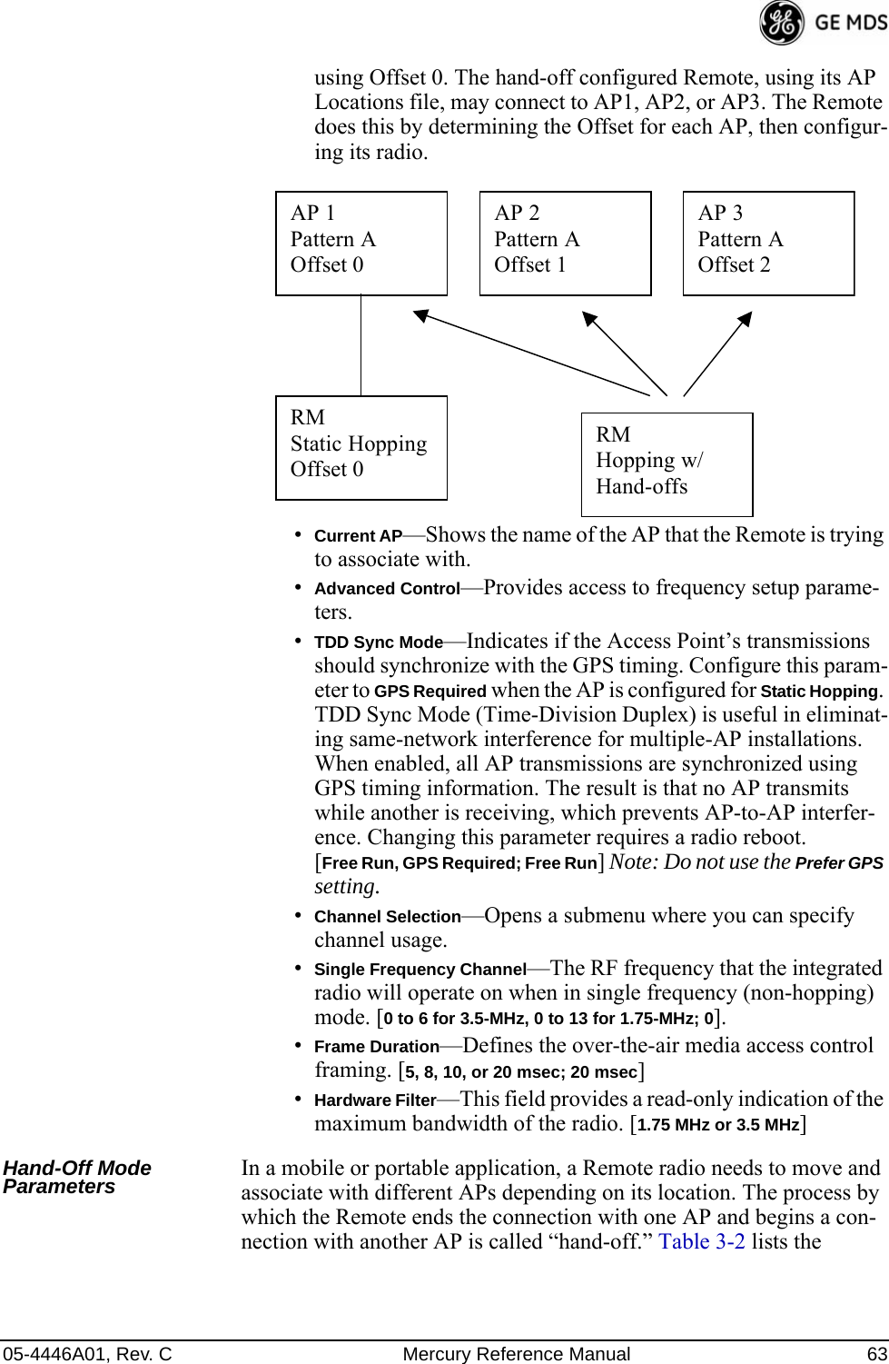 05-4446A01, Rev. C Mercury Reference Manual 63using Offset 0. The hand-off configured Remote, using its AP Locations file, may connect to AP1, AP2, or AP3. The Remote does this by determining the Offset for each AP, then configur-ing its radio.•Current AP—Shows the name of the AP that the Remote is trying to associate with.•Advanced Control—Provides access to frequency setup parame-ters.•TDD Sync Mode—Indicates if the Access Point’s transmissions should synchronize with the GPS timing. Configure this param-eter to GPS Required when the AP is configured for Static Hopping. TDD Sync Mode (Time-Division Duplex) is useful in eliminat-ing same-network interference for multiple-AP installations. When enabled, all AP transmissions are synchronized using GPS timing information. The result is that no AP transmits while another is receiving, which prevents AP-to-AP interfer-ence. Changing this parameter requires a radio reboot.[Free Run, GPS Required; Free Run] Note: Do not use the Prefer GPS setting.•Channel Selection—Opens a submenu where you can specify channel usage.•Single Frequency Channel—The RF frequency that the integrated radio will operate on when in single frequency (non-hopping) mode. [0 to 6 for 3.5-MHz, 0 to 13 for 1.75-MHz; 0].•Frame Duration—Defines the over-the-air media access control framing. [5, 8, 10, or 20 msec; 20 msec]•Hardware Filter—This field provides a read-only indication of the maximum bandwidth of the radio. [1.75 MHz or 3.5 MHz]Hand-Off Mode Parameters In a mobile or portable application, a Remote radio needs to move and associate with different APs depending on its location. The process by which the Remote ends the connection with one AP and begins a con-nection with another AP is called “hand-off.” Table 3-2 lists the  AP 1 Pattern A Offset 0 AP 2 Pattern A Offset 1 AP 3 Pattern A Offset 2 RM Static Hopping Offset 0 RM Hopping w/ Hand-offs 