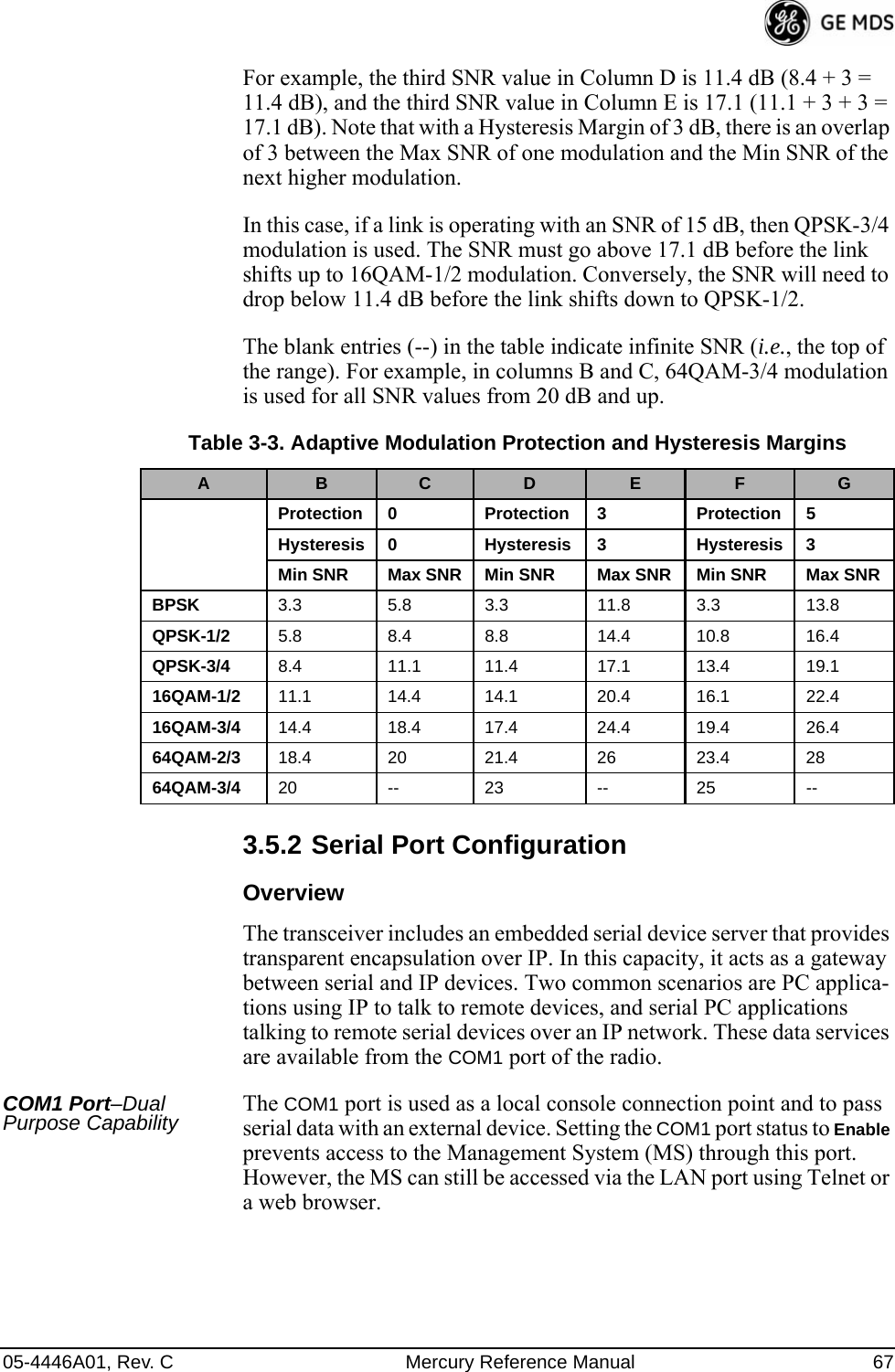 05-4446A01, Rev. C Mercury Reference Manual 67For example, the third SNR value in Column D is 11.4 dB (8.4 + 3 = 11.4 dB), and the third SNR value in Column E is 17.1 (11.1 + 3 + 3 = 17.1 dB). Note that with a Hysteresis Margin of 3 dB, there is an overlap of 3 between the Max SNR of one modulation and the Min SNR of the next higher modulation.In this case, if a link is operating with an SNR of 15 dB, then QPSK-3/4 modulation is used. The SNR must go above 17.1 dB before the link shifts up to 16QAM-1/2 modulation. Conversely, the SNR will need to drop below 11.4 dB before the link shifts down to QPSK-1/2.The blank entries (--) in the table indicate infinite SNR (i.e., the top of the range). For example, in columns B and C, 64QAM-3/4 modulation is used for all SNR values from 20 dB and up.3.5.2 Serial Port ConfigurationOverviewThe transceiver includes an embedded serial device server that provides transparent encapsulation over IP. In this capacity, it acts as a gateway between serial and IP devices. Two common scenarios are PC applica-tions using IP to talk to remote devices, and serial PC applications talking to remote serial devices over an IP network. These data services are available from the COM1 port of the radio.COM1 Port–Dual Purpose Capability The COM1 port is used as a local console connection point and to pass serial data with an external device. Setting the COM1 port status to Enable prevents access to the Management System (MS) through this port. However, the MS can still be accessed via the LAN port using Telnet or a web browser.Table 3-3. Adaptive Modulation Protection and Hysteresis MarginsA B C D E F GProtection 0 Protection 3 Protection 5Hysteresis 0 Hysteresis 3 Hysteresis 3Min SNR Max SNR Min SNR Max SNR Min SNR Max SNRBPSK 3.3 5.8 3.3 11.8 3.3 13.8QPSK-1/2 5.8 8.4 8.8 14.4 10.8 16.4QPSK-3/4 8.4 11.1 11.4 17.1 13.4 19.116QAM-1/2 11.1 14.4 14.1 20.4 16.1 22.416QAM-3/4 14.4 18.4 17.4 24.4 19.4 26.464QAM-2/3 18.4 20 21.4 26 23.4 2864QAM-3/4 20 -- 23 -- 25 --