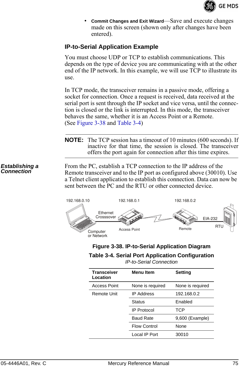 05-4446A01, Rev. C Mercury Reference Manual 75•Commit Changes and Exit Wizard—Save and execute changes made on this screen (shown only after changes have been entered).IP-to-Serial Application ExampleYou must choose UDP or TCP to establish communications. This depends on the type of device you are communicating with at the other end of the IP network. In this example, we will use TCP to illustrate its use. In TCP mode, the transceiver remains in a passive mode, offering a socket for connection. Once a request is received, data received at the serial port is sent through the IP socket and vice versa, until the connec-tion is closed or the link is interrupted. In this mode, the transceiver behaves the same, whether it is an Access Point or a Remote. (See Figure 3-38 and Table 3-4) NOTE: The TCP session has a timeout of 10 minutes (600 seconds). Ifinactive for that time, the session is closed. The transceiveroffers the port again for connection after this time expires.Establishing a Connection From the PC, establish a TCP connection to the IP address of the Remote transceiver and to the IP port as configured above (30010). Use a Telnet client application to establish this connection. Data can now be sent between the PC and the RTU or other connected device.Invisible place holderFigure 3-38. IP-to-Serial Application DiagramEthernetCrosssoverRTUEIA-232Computeror Network192.168.0.10 192.168.0.1 192.168.0.2LANCOM1COM2PWRLINKRemoteAccess PointTable 3-4. Serial Port Application ConfigurationIP-to-Serial ConnectionTransceiver Location Menu Item SettingAccess Point None is required None is requiredRemote Unit IP Address 192.168.0.2Status EnabledIP Protocol TCPBaud Rate 9,600 (Example)Flow Control NoneLocal IP Port 30010