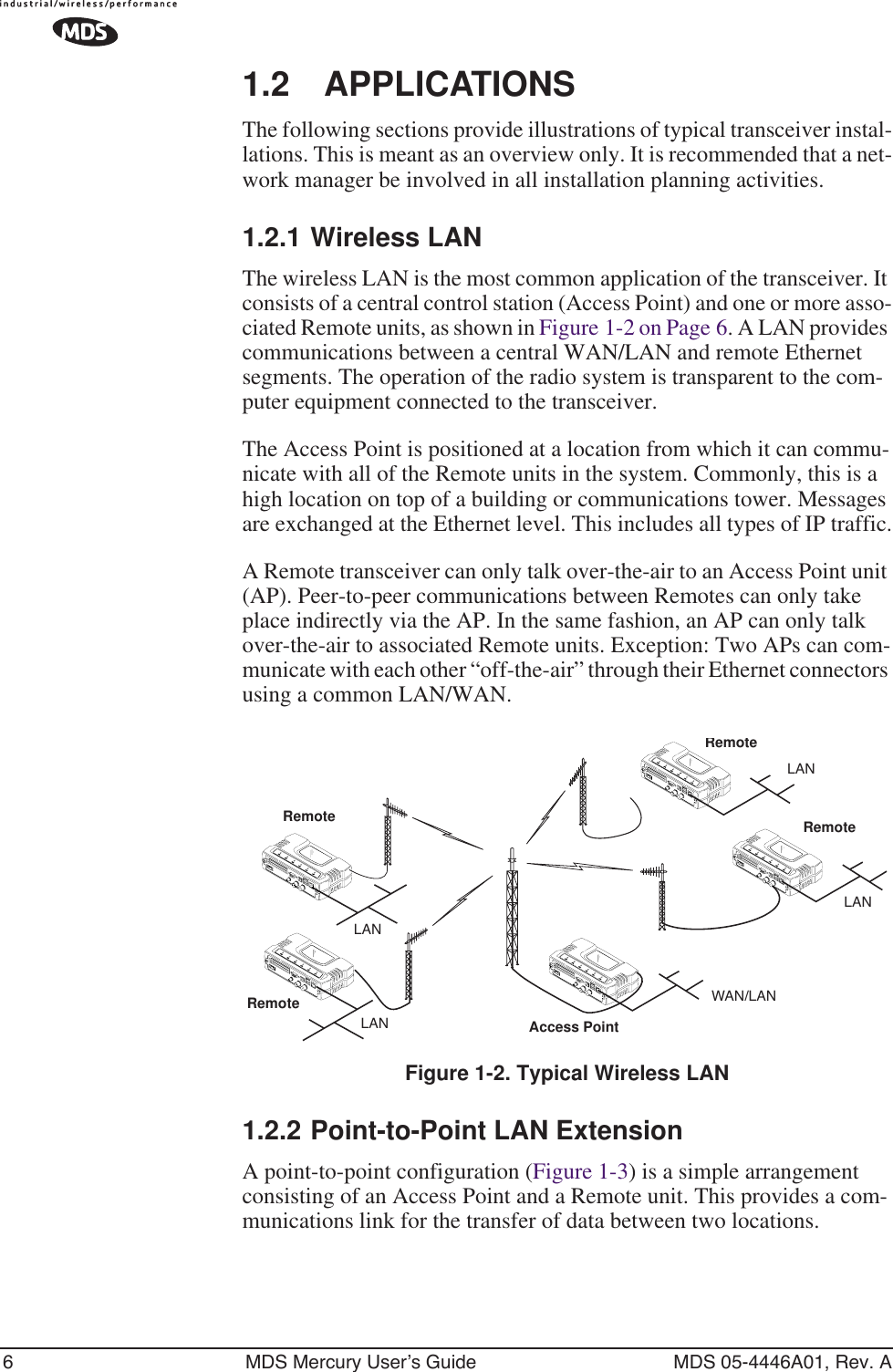 6 MDS Mercury User’s Guide MDS 05-4446A01, Rev. A1.2 APPLICATIONSThe following sections provide illustrations of typical transceiver instal-lations. This is meant as an overview only. It is recommended that a net-work manager be involved in all installation planning activities.1.2.1 Wireless LANThe wireless LAN is the most common application of the transceiver. It consists of a central control station (Access Point) and one or more asso-ciated Remote units, as shown in Figure 1-2 on Page 6. A LAN provides communications between a central WAN/LAN and remote Ethernet segments. The operation of the radio system is transparent to the com-puter equipment connected to the transceiver.The Access Point is positioned at a location from which it can commu-nicate with all of the Remote units in the system. Commonly, this is a high location on top of a building or communications tower. Messages are exchanged at the Ethernet level. This includes all types of IP traffic.A Remote transceiver can only talk over-the-air to an Access Point unit (AP). Peer-to-peer communications between Remotes can only take place indirectly via the AP. In the same fashion, an AP can only talk over-the-air to associated Remote units. Exception: Two APs can com-municate with each other “off-the-air” through their Ethernet connectors using a common LAN/WAN.Invisible place holderFigure 1-2. Typical Wireless LAN1.2.2 Point-to-Point LAN ExtensionA point-to-point configuration (Figure 1-3) is a simple arrangement consisting of an Access Point and a Remote unit. This provides a com-munications link for the transfer of data between two locations.RemoteRemoteAccess PointRemoteRemoteLANLANWAN/LANLANLAN