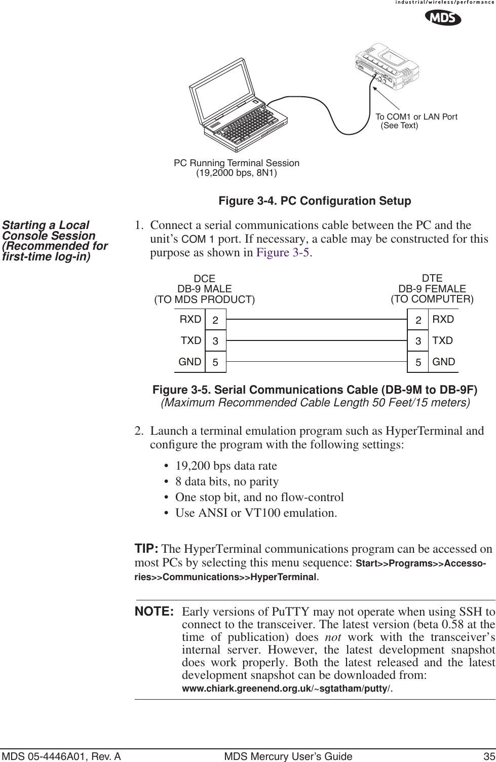 MDS 05-4446A01, Rev. A MDS Mercury User’s Guide 35Invisible place holderFigure 3-4. PC Configuration SetupStarting a Local Console Session (Recommended for first-time log-in)1. Connect a serial communications cable between the PC and the unit’s COM 1 port. If necessary, a cable may be constructed for this purpose as shown in Figure 3-5.Invisible place holderFigure 3-5. Serial Communications Cable (DB-9M to DB-9F)(Maximum Recommended Cable Length 50 Feet/15 meters)2. Launch a terminal emulation program such as HyperTerminal and conﬁgure the program with the following settings: • 19,200 bps data rate•8 data bits, no parity• One stop bit, and no flow-control• Use ANSI or VT100 emulation.TIP: The HyperTerminal communications program can be accessed on most PCs by selecting this menu sequence: Start&gt;&gt;Programs&gt;&gt;Accesso-ries&gt;&gt;Communications&gt;&gt;HyperTerminal.NOTE: Early versions of PuTTY may not operate when using SSH toconnect to the transceiver. The latest version (beta 0.58 at thetime of publication) does not work with the transceiver’sinternal server. However, the latest development snapshotdoes work properly. Both the latest released and the latestdevelopment snapshot can be downloaded from:www.chiark.greenend.org.uk/~sgtatham/putty/.PC Running Terminal Session(19,2000 bps, 8N1)To COM1 or LAN Port(See Text)352352TXDGNDRXDTXDGNDRXDDCEDB-9 MALE(TO MDS PRODUCT)DTEDB-9 FEMALE(TO COMPUTER)