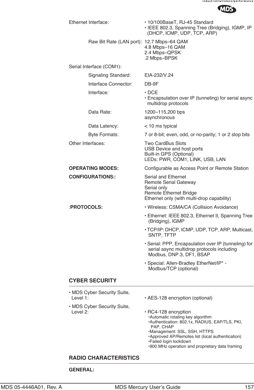 MDS 05-4446A01, Rev. A MDS Mercury User’s Guide 157Ethernet Interface: • 10/100BaseT, RJ-45 Standard• IEEE 802.3, Spanning Tree (Bridging), IGMP, IP   (DHCP, ICMP, UDP, TCP, ARP)Raw Bit Rate (LAN port): 12.7 Mbps–64 QAM4.8 Mbps–16 QAM2.4 Mbps–QPSK.2 Mbps–BPSKSerial Interface (COM1):Signaling Standard: EIA-232/V.24Interface Connector: DB-9FInterface: • DCE• Encapsulation over IP (tunneling) for serial async   multidrop protocolsData Rate: 1200–115,200 bpsasynchronousData Latency: &lt; 10 ms typicalByte Formats: 7 or 8-bit; even, odd, or no-parity; 1 or 2 stop bitsOther Interfaces: Two CardBus SlotsUSB Device and host portsBuilt-in GPS (Optional)LEDs: PWR, COM1, LINK, USB, LANOPERATING MODES: Configurable as Access Point or Remote StationCONFIGURATIONS:: Serial and EthernetRemote Serial GatewaySerial onlyRemote Ethernet BridgeEthernet only (with multi-drop capability):PROTOCOLS: • Wireless: CSMA/CA (Collision Avoidance)• Ethernet: IEEE 802.3, Ethernet II, Spanning Tree (Bridging), IGMP• TCP/IP: DHCP, ICMP, UDP, TCP, ARP, Multicast, SNTP, TFTP• Serial: PPP, Encapsulation over IP (tunneling) for serial async multidrop protocols including Modbus, DNP.3, DF1, BSAP• Special: Allen-Bradley EtherNet/IP* - Modbus/TCP (optional)CYBER SECURITY• MDS Cyber Security Suite, Level 1: • AES-128 encryption (optional)• MDS Cyber Security Suite, Level 2: • RC4-128 encryption•Automatic rotating key algorithm•Authentication: 802.1x, RADIUS, EAP/TLS, PKI,   PAP, CHAP•Management: SSL, SSH, HTTPS•Approved AP/Remotes list (local authentication)•Failed login lockdown•900 MHz operation and proprietary data framingRADIO CHARACTERISTICSGENERAL: