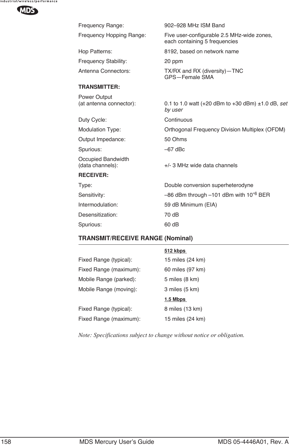 158 MDS Mercury User’s Guide MDS 05-4446A01, Rev. AFrequency Range: 902–928 MHz ISM BandFrequency Hopping Range: Five user-configurable 2.5 MHz-wide zones, each containing 5 frequenciesHop Patterns: 8192, based on network nameFrequency Stability: 20 ppmAntenna Connectors: TX/RX and RX (diversity)—TNCGPS—Female SMATRANSMITTER:Power Output(at antenna connector): 0.1 to 1.0 watt (+20 dBm to +30 dBm) ±1.0 dB, set by userDuty Cycle: ContinuousModulation Type: Orthogonal Frequency Division Multiplex (OFDM)Output Impedance: 50 OhmsSpurious: –67 dBcOccupied Bandwidth(data channels): +/- 3 MHz wide data channelsRECEIVER:Type: Double conversion superheterodyneSensitivity: –86 dBm through –101 dBm with 10-6 BERIntermodulation: 59 dB Minimum (EIA)Desensitization: 70 dBSpurious: 60 dBTRANSMIT/RECEIVE RANGE (Nominal)512 kbps Fixed Range (typical): 15 miles (24 km)Fixed Range (maximum): 60 miles (97 km)Mobile Range (parked): 5 miles (8 km)Mobile Range (moving): 3 miles (5 km)1.5 Mbps Fixed Range (typical): 8 miles (13 km)Fixed Range (maximum): 15 miles (24 km)Note: Specifications subject to change without notice or obligation.