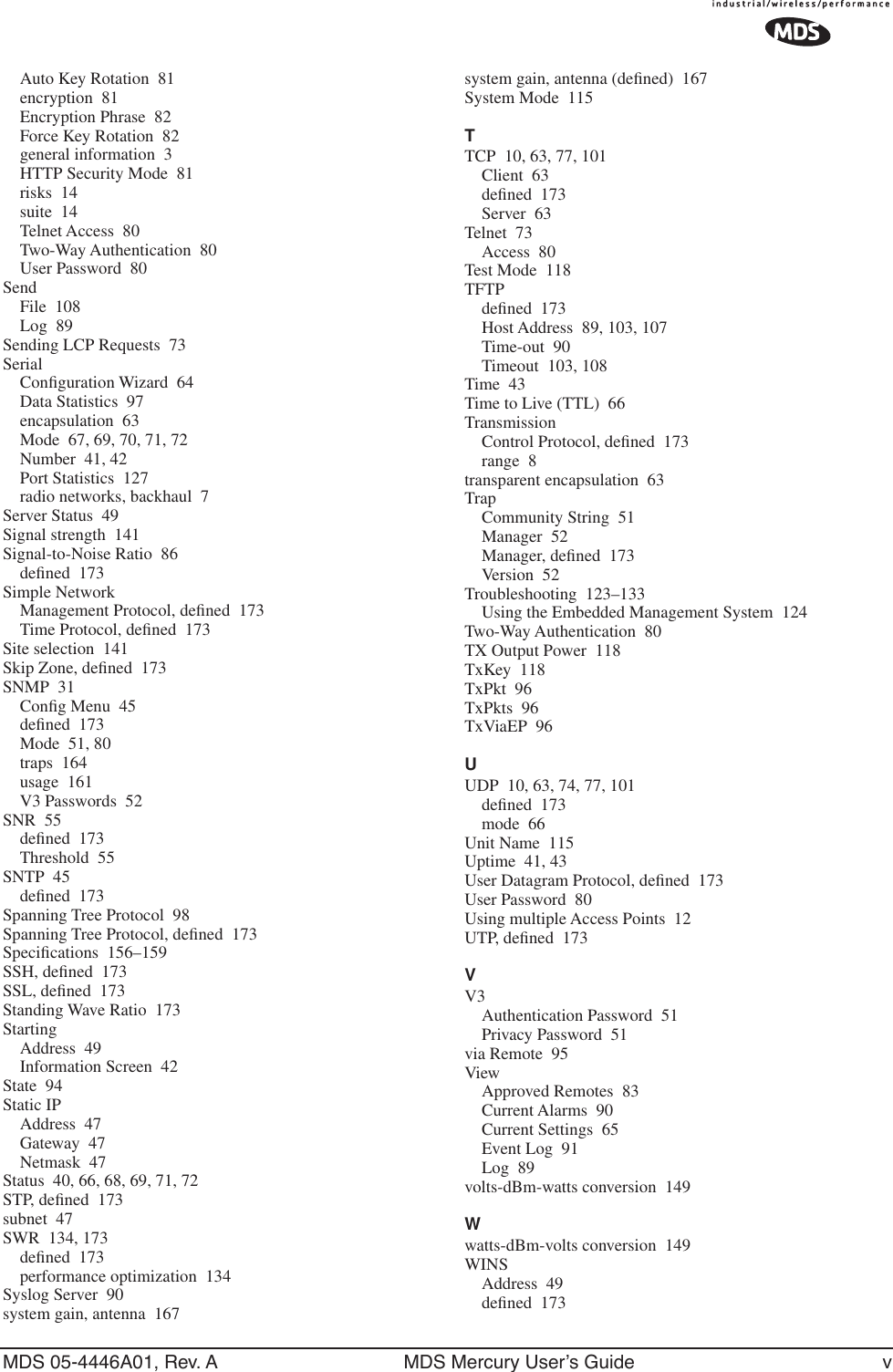 MDS 05-4446A01, Rev. A MDS Mercury User’s Guide vAuto Key Rotation 81encryption 81Encryption Phrase 82Force Key Rotation 82general information 3HTTP Security Mode 81risks 14suite 14Telnet Access 80Two-Way Authentication 80User Password 80SendFile 108Log 89Sending LCP Requests 73SerialConﬁguration Wizard 64Data Statistics 97encapsulation 63Mode 67, 69, 70, 71, 72Number 41, 42Port Statistics 127radio networks, backhaul 7Server Status 49Signal strength 141Signal-to-Noise Ratio 86deﬁned 173Simple NetworkManagement Protocol, deﬁned 173Time Protocol, deﬁned 173Site selection 141Skip Zone, deﬁned 173SNMP 31Conﬁg Menu 45deﬁned 173Mode 51, 80traps 164usage 161V3 Passwords 52SNR 55deﬁned 173Threshold 55SNTP 45deﬁned 173Spanning Tree Protocol 98Spanning Tree Protocol, deﬁned 173Speciﬁcations 156–159SSH, deﬁned 173SSL, deﬁned 173Standing Wave Ratio 173StartingAddress 49Information Screen 42State 94Static IPAddress 47Gateway 47Netmask 47Status 40, 66, 68, 69, 71, 72STP, deﬁned 173subnet 47SWR 134, 173deﬁned 173performance optimization 134Syslog Server 90system gain, antenna 167system gain, antenna (deﬁned) 167System Mode 115TTCP 10, 63, 77, 101Client 63deﬁned 173Server 63Telnet 73Access 80Test Mode 118TFTPdeﬁned 173Host Address 89, 103, 107Time-out 90Timeout 103, 108Time 43Time to Live (TTL) 66TransmissionControl Protocol, deﬁned 173range 8transparent encapsulation 63TrapCommunity String 51Manager 52Manager, deﬁned 173Version 52Troubleshooting 123–133Using the Embedded Management System 124Two-Way Authentication 80TX Output Power 118TxKey 118TxPkt 96TxPkts 96TxViaEP 96UUDP 10, 63, 74, 77, 101deﬁned 173mode 66Unit Name 115Uptime 41, 43User Datagram Protocol, deﬁned 173User Password 80Using multiple Access Points 12UTP, deﬁned 173VV3Authentication Password 51Privacy Password 51via Remote 95ViewApproved Remotes 83Current Alarms 90Current Settings 65Event Log 91Log 89volts-dBm-watts conversion 149Wwatts-dBm-volts conversion 149WINSAddress 49deﬁned 173