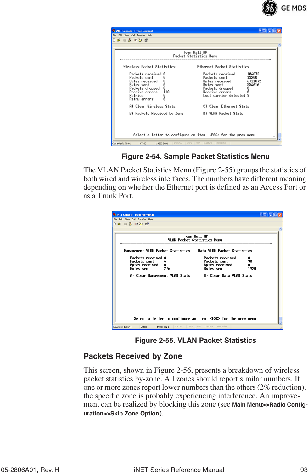 05-2806A01, Rev. H iNET Series Reference Manual 93Invisible place holderFigure 2-54. Sample Packet Statistics MenuThe VLAN Packet Statistics Menu (Figure 2-55) groups the statistics of both wired and wireless interfaces. The numbers have different meaning depending on whether the Ethernet port is defined as an Access Port or as a Trunk Port.Invisible place holderFigure 2-55. VLAN Packet StatisticsPackets Received by ZoneThis screen, shown in Figure 2-56, presents a breakdown of wireless packet statistics by-zone. All zones should report similar numbers. If one or more zones report lower numbers than the others (2% reduction), the specific zone is probably experiencing interference. An improve-ment can be realized by blocking this zone (see Main Menu&gt;&gt;Radio Conﬁg-uration&gt;&gt;Skip Zone Option).