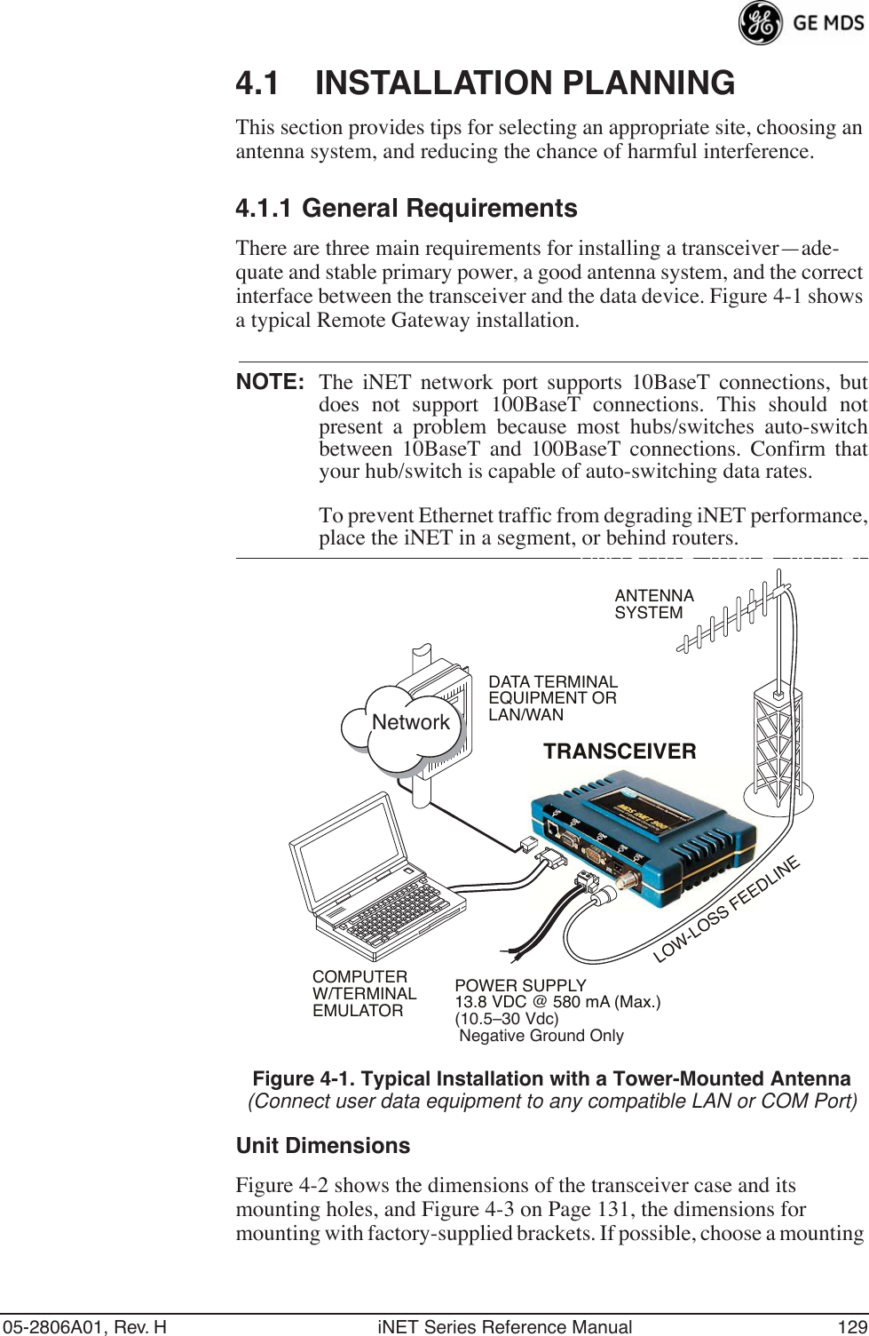 05-2806A01, Rev. H iNET Series Reference Manual 1294.1 INSTALLATION PLANNINGThis section provides tips for selecting an appropriate site, choosing an antenna system, and reducing the chance of harmful interference.4.1.1 General RequirementsThere are three main requirements for installing a transceiver—ade-quate and stable primary power, a good antenna system, and the correct interface between the transceiver and the data device. Figure 4-1 shows a typical Remote Gateway installation.NOTE: The iNET network port supports 10BaseT connections, butdoes not support 100BaseT connections. This should notpresent a problem because most hubs/switches auto-switchbetween 10BaseT and 100BaseT connections. Confirm thatyour hub/switch is capable of auto-switching data rates.To prevent Ethernet traffic from degrading iNET performance,place the iNET in a segment, or behind routers.Invisible place holderFigure 4-1. Typical Installation with a Tower-Mounted Antenna(Connect user data equipment to any compatible LAN or COM Port)Unit DimensionsFigure 4-2 shows the dimensions of the transceiver case and its mounting holes, and Figure 4-3 on Page 131, the dimensions for mounting with factory-supplied brackets. If possible, choose a mounting POWER SUPPLY13.8 VDC @ 580 mA (Max.)(10.5–30 Vdc) Negative Ground OnlyCOMPUTERW/TERMINALEMULATORTRANSCEIVERLOW-LOSS FEEDLINEANTENNASYSTEMDATA TERMINALEQUIPMENT ORLAN/WANNetwork