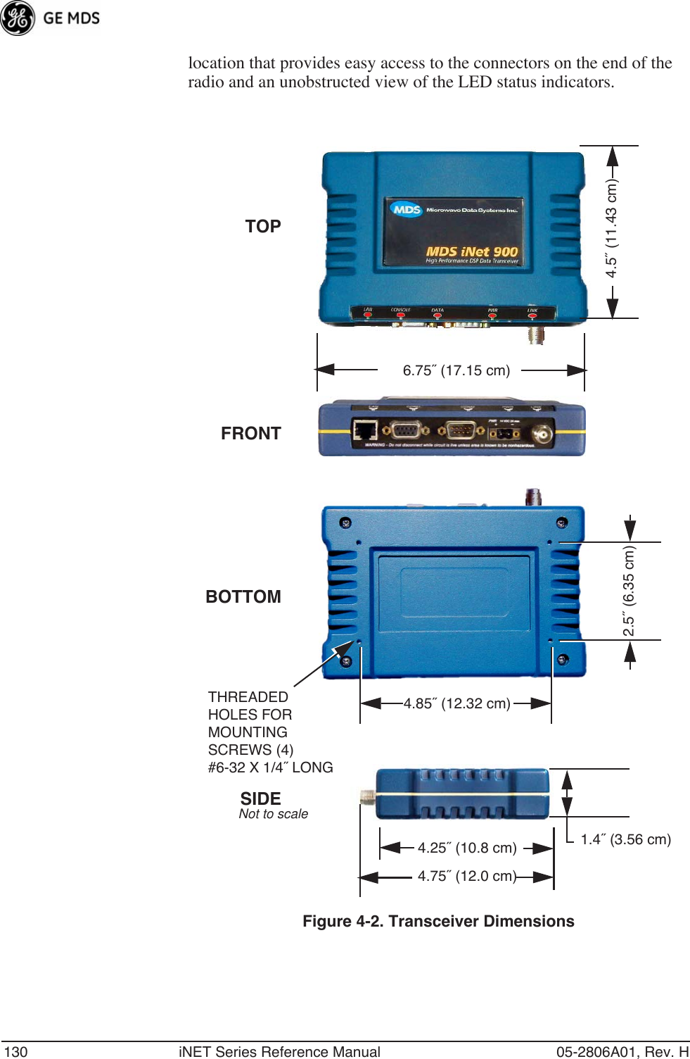 130 iNET Series Reference Manual 05-2806A01, Rev. Hlocation that provides easy access to the connectors on the end of the radio and an unobstructed view of the LED status indicators.Figure 4-2. Transceiver Dimensions4.25˝ (10.8 cm)4.75˝ (12.0 cm)1.4˝ (3.56 cm)6.75˝ (17.15 cm)4.5˝ (11.43 cm)TOPSIDEBOTTOM2.5˝ (6.35 cm)4.85˝ (12.32 cm)THREADEDHOLES FORMOUNTINGSCREWS (4)#6-32 X 1/4˝ LONGNot to scaleFRONT