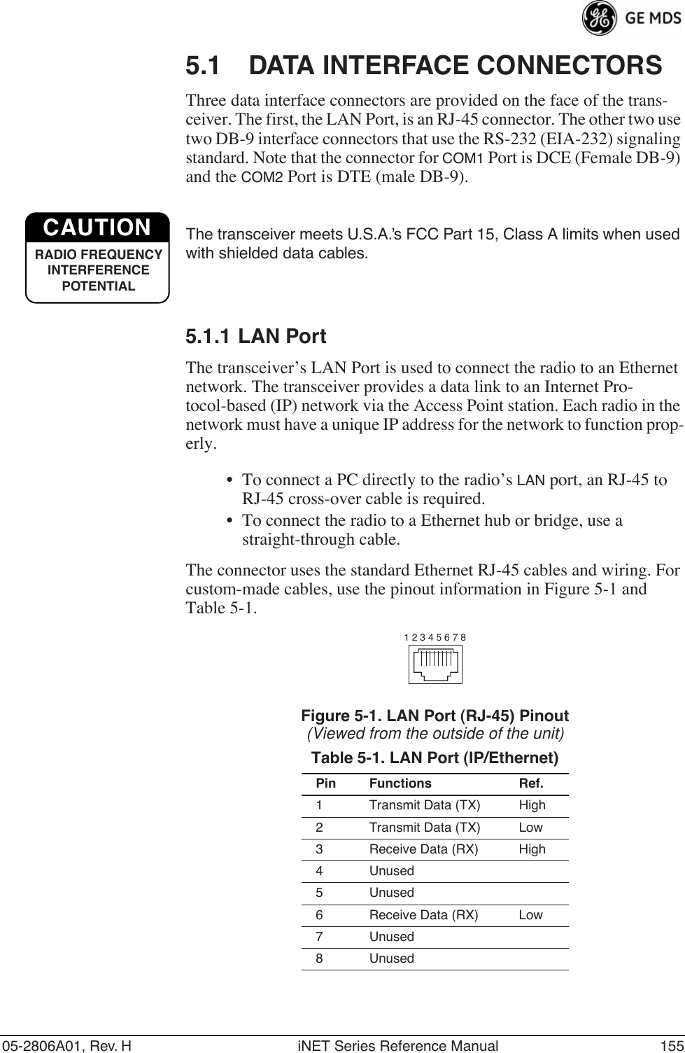 05-2806A01, Rev. H iNET Series Reference Manual 1555.1 DATA INTERFACE CONNECTORSThree data interface connectors are provided on the face of the trans-ceiver. The first, the LAN Port, is an RJ-45 connector. The other two use two DB-9 interface connectors that use the RS-232 (EIA-232) signaling standard. Note that the connector for COM1 Port is DCE (Female DB-9) and the COM2 Port is DTE (male DB-9). The transceiver meets U.S.A.’s FCC Part 15, Class A limits when used with shielded data cables. 5.1.1 LAN PortThe transceiver’s LAN Port is used to connect the radio to an Ethernet network. The transceiver provides a data link to an Internet Pro-tocol-based (IP) network via the Access Point station. Each radio in the network must have a unique IP address for the network to function prop-erly.• To connect a PC directly to the radio’s LAN port, an RJ-45 to RJ-45 cross-over cable is required. • To connect the radio to a Ethernet hub or bridge, use a straight-through cable.The connector uses the standard Ethernet RJ-45 cables and wiring. For custom-made cables, use the pinout information in Figure 5-1 and Table 5-1.Figure 5-1. LAN Port (RJ-45) Pinout(Viewed from the outside of the unit) Table 5-1. LAN Port (IP/Ethernet)Pin Functions Ref.1 Transmit Data (TX) High2 Transmit Data (TX) Low3 Receive Data (RX) High4 Unused5 Unused6 Receive Data (RX) Low7 Unused8 UnusedCAUTIONRADIO FREQUENCYINTERFERENCE POTENTIAL1 2 3 4 5 6 7 8