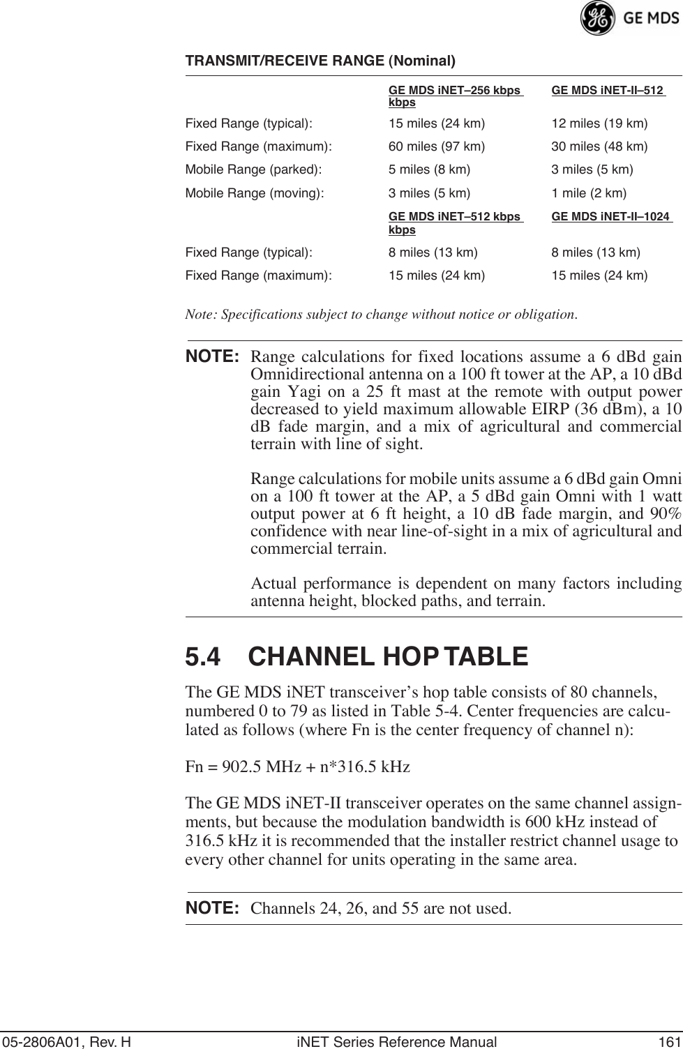 05-2806A01, Rev. H iNET Series Reference Manual 161TRANSMIT/RECEIVE RANGE (Nominal)GE MDS iNET–256 kbps  GE MDS iNET-II–512 kbpsFixed Range (typical): 15 miles (24 km) 12 miles (19 km)Fixed Range (maximum): 60 miles (97 km) 30 miles (48 km)Mobile Range (parked): 5 miles (8 km) 3 miles (5 km)Mobile Range (moving): 3 miles (5 km) 1 mile (2 km)GE MDS iNET–512 kbps GE MDS iNET-II–1024 kbpsFixed Range (typical): 8 miles (13 km) 8 miles (13 km)Fixed Range (maximum): 15 miles (24 km) 15 miles (24 km)Note: Specifications subject to change without notice or obligation.NOTE: Range calculations for fixed locations assume a 6 dBd gainOmnidirectional antenna on a 100 ft tower at the AP, a 10 dBdgain Yagi on a 25 ft mast at the remote with output powerdecreased to yield maximum allowable EIRP (36 dBm), a 10dB fade margin, and a mix of agricultural and commercialterrain with line of sight.Range calculations for mobile units assume a 6 dBd gain Omnion a 100 ft tower at the AP, a 5 dBd gain Omni with 1 wattoutput power at 6 ft height, a 10 dB fade margin, and 90%confidence with near line-of-sight in a mix of agricultural andcommercial terrain.Actual performance is dependent on many factors includingantenna height, blocked paths, and terrain.5.4 CHANNEL HOP TABLEThe GE MDS iNET transceiver’s hop table consists of 80 channels, numbered 0 to 79 as listed in Table 5-4. Center frequencies are calcu-lated as follows (where Fn is the center frequency of channel n): Fn = 902.5 MHz + n*316.5 kHzThe GE MDS iNET-II transceiver operates on the same channel assign-ments, but because the modulation bandwidth is 600 kHz instead of 316.5 kHz it is recommended that the installer restrict channel usage to every other channel for units operating in the same area.NOTE: Channels 24, 26, and 55 are not used.