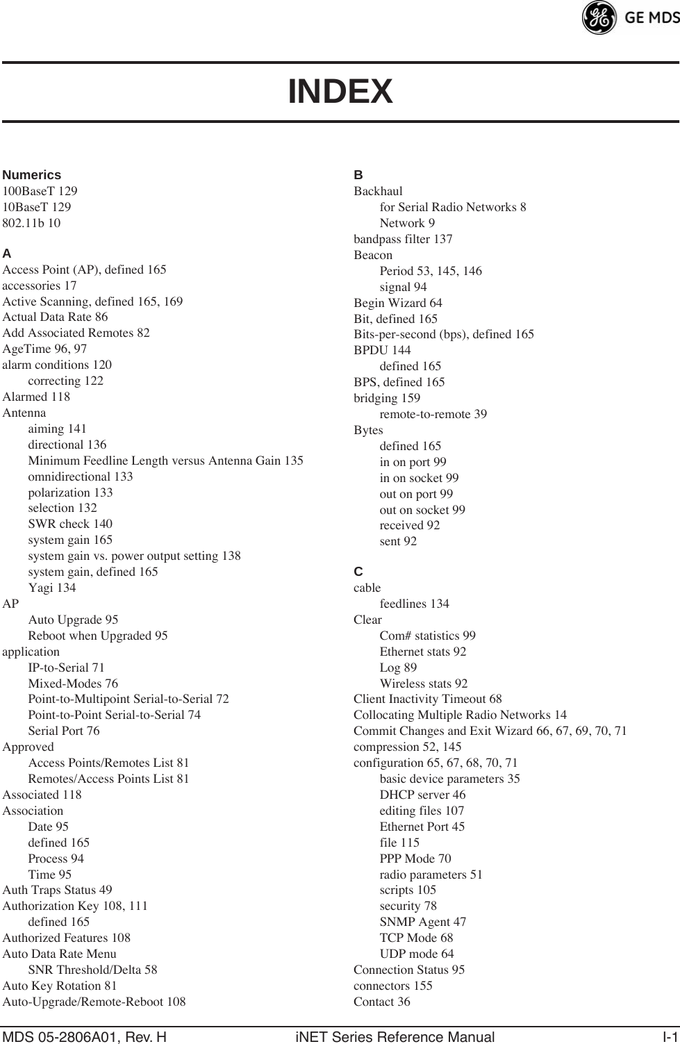 MDS 05-2806A01, Rev. H iNET Series Reference Manual I-1INDEXNumerics100BaseT 12910BaseT 129802.11b 10AAccess Point (AP), defined 165accessories 17Active Scanning, defined 165, 169Actual Data Rate 86Add Associated Remotes 82AgeTime 96, 97alarm conditions 120correcting 122Alarmed 118Antennaaiming 141directional 136Minimum Feedline Length versus Antenna Gain 135omnidirectional 133polarization 133selection 132SWR check 140system gain 165system gain vs. power output setting 138system gain, defined 165Yagi 134APAuto Upgrade 95Reboot when Upgraded 95applicationIP-to-Serial 71Mixed-Modes 76Point-to-Multipoint Serial-to-Serial 72Point-to-Point Serial-to-Serial 74Serial Port 76ApprovedAccess Points/Remotes List 81Remotes/Access Points List 81Associated 118AssociationDate 95defined 165Process 94Time 95Auth Traps Status 49Authorization Key 108, 111defined 165Authorized Features 108Auto Data Rate MenuSNR Threshold/Delta 58Auto Key Rotation 81Auto-Upgrade/Remote-Reboot 108BBackhaulfor Serial Radio Networks 8Network 9bandpass filter 137BeaconPeriod 53, 145, 146signal 94Begin Wizard 64Bit, defined 165Bits-per-second (bps), defined 165BPDU 144defined 165BPS, defined 165bridging 159remote-to-remote 39Bytesdefined 165in on port 99in on socket 99out on port 99out on socket 99received 92sent 92Ccablefeedlines 134ClearCom# statistics 99Ethernet stats 92Log 89Wireless stats 92Client Inactivity Timeout 68Collocating Multiple Radio Networks 14Commit Changes and Exit Wizard 66, 67, 69, 70, 71compression 52, 145configuration 65, 67, 68, 70, 71basic device parameters 35DHCP server 46editing files 107Ethernet Port 45file 115PPP Mode 70radio parameters 51scripts 105security 78SNMP Agent 47TCP Mode 68UDP mode 64Connection Status 95connectors 155Contact 36